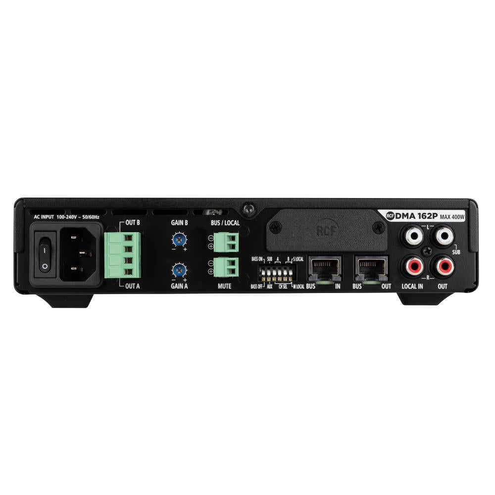 RCF DMA-162P rear panel showing AC power input 100-240V 50/60Hz, XLR balanced outputs A and B, gain A and B controls, mute controls, BUS/LOCAL switch, bus inputs and outputs, and maximum 400W specification