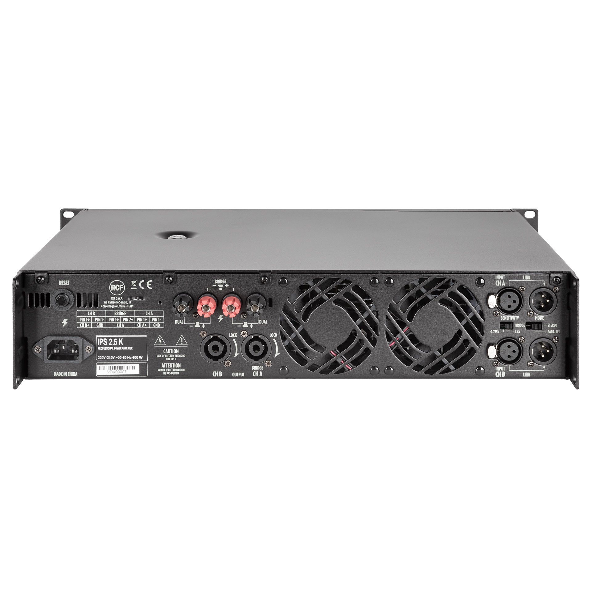 RCF IPS 2.5K Power Amplifier - Rear Panel with Speakon and XLR Connectors