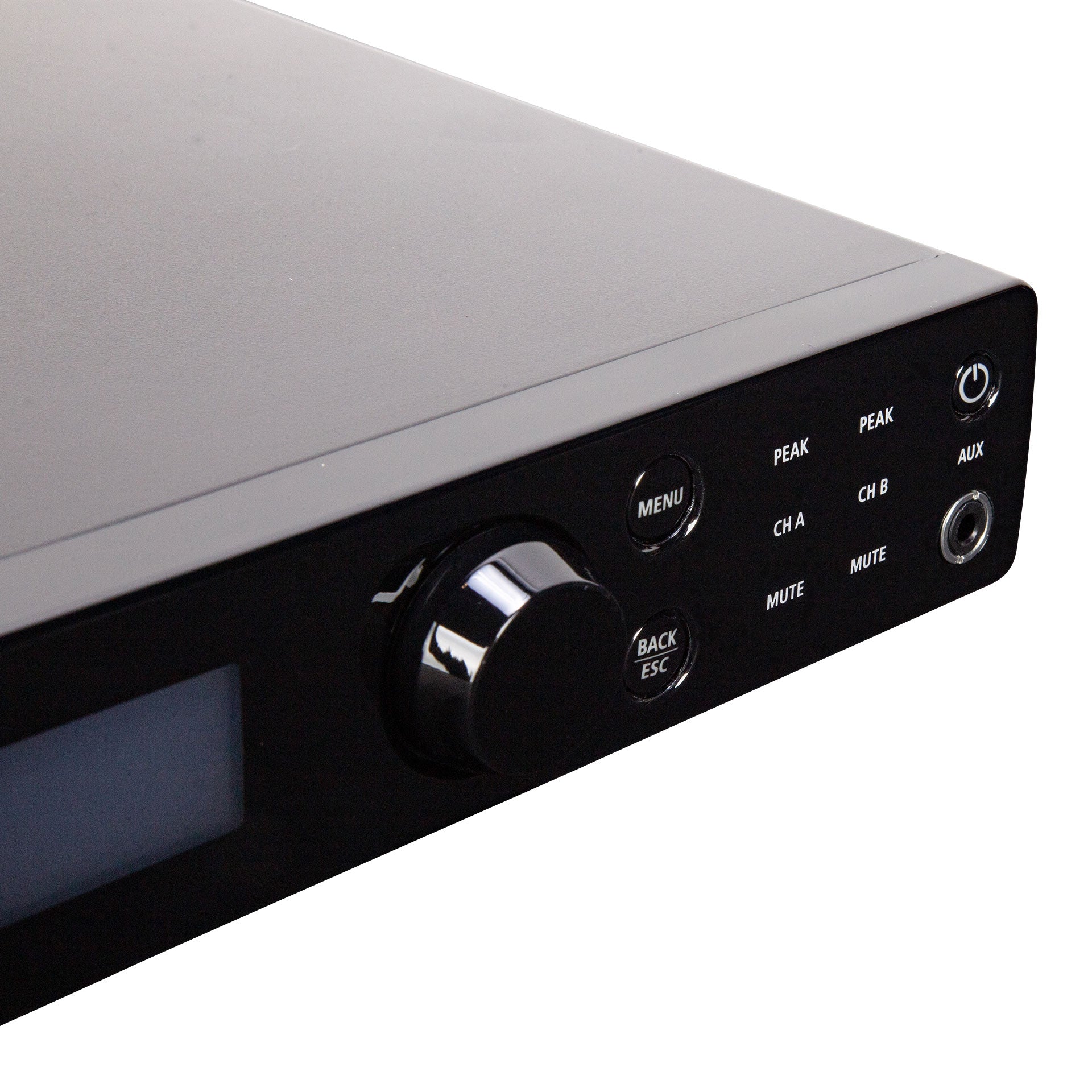 RCF DMA-162 front panel detail showing LCD screen, master encoder control, menu navigation, channel A and B mute buttons, peak indicators, and auxiliary controls