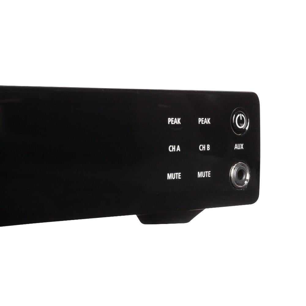 RCF DMA-162P front control panel detail showing peak indicator lights, channel A and B labels, mute buttons for each channel, power control, and auxiliary input jack