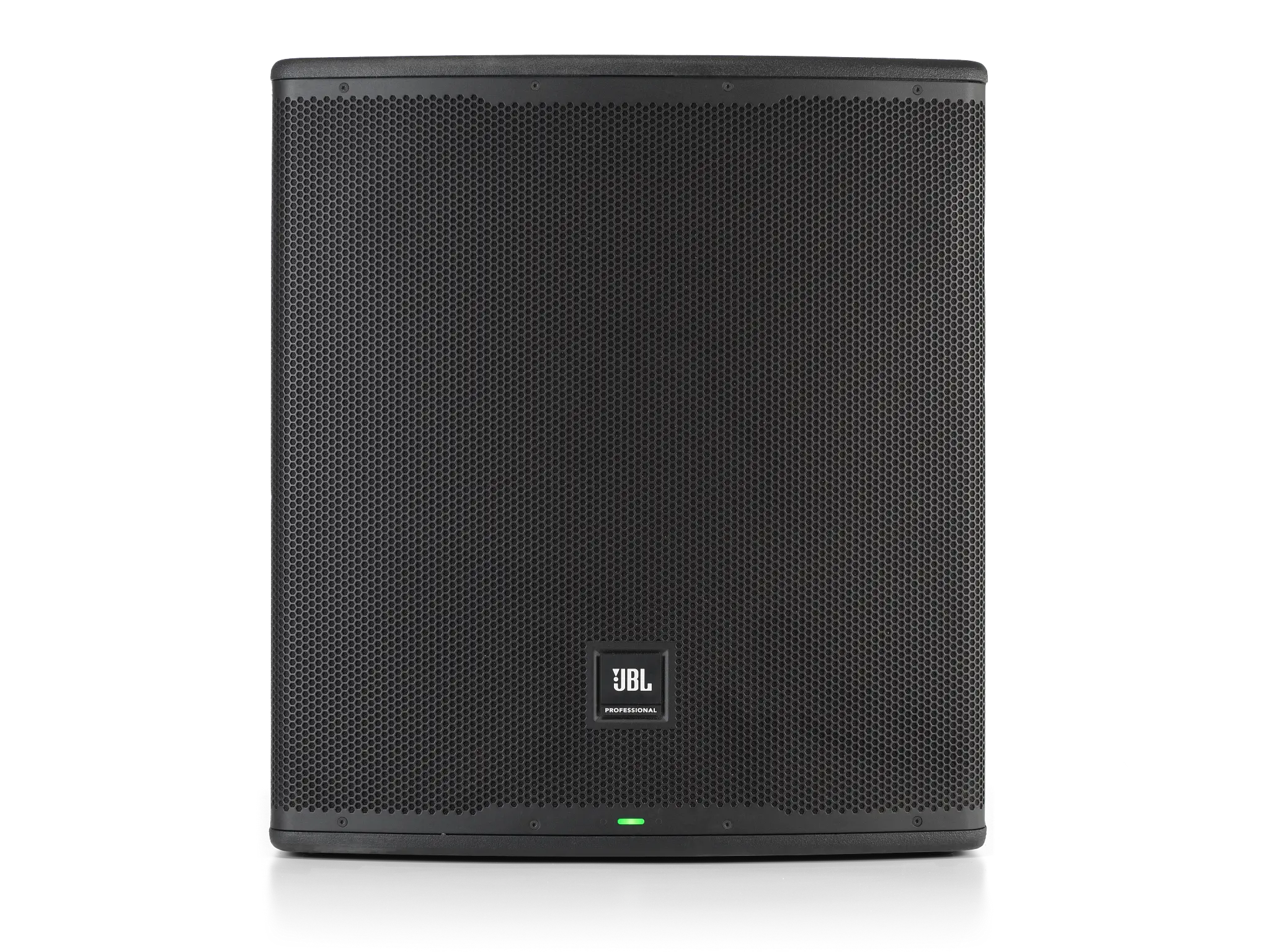 Black JBL EON718S speaker on a white background