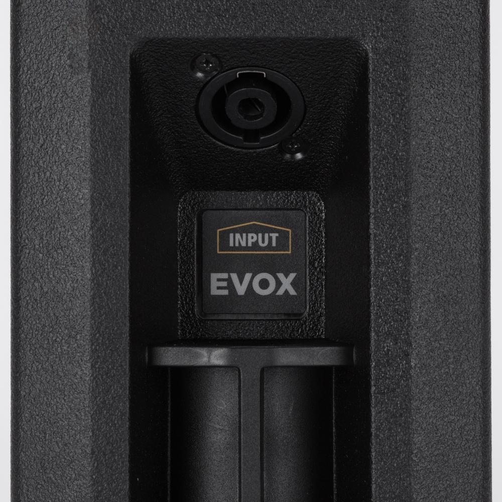 Evox microphone with input jack on a black background