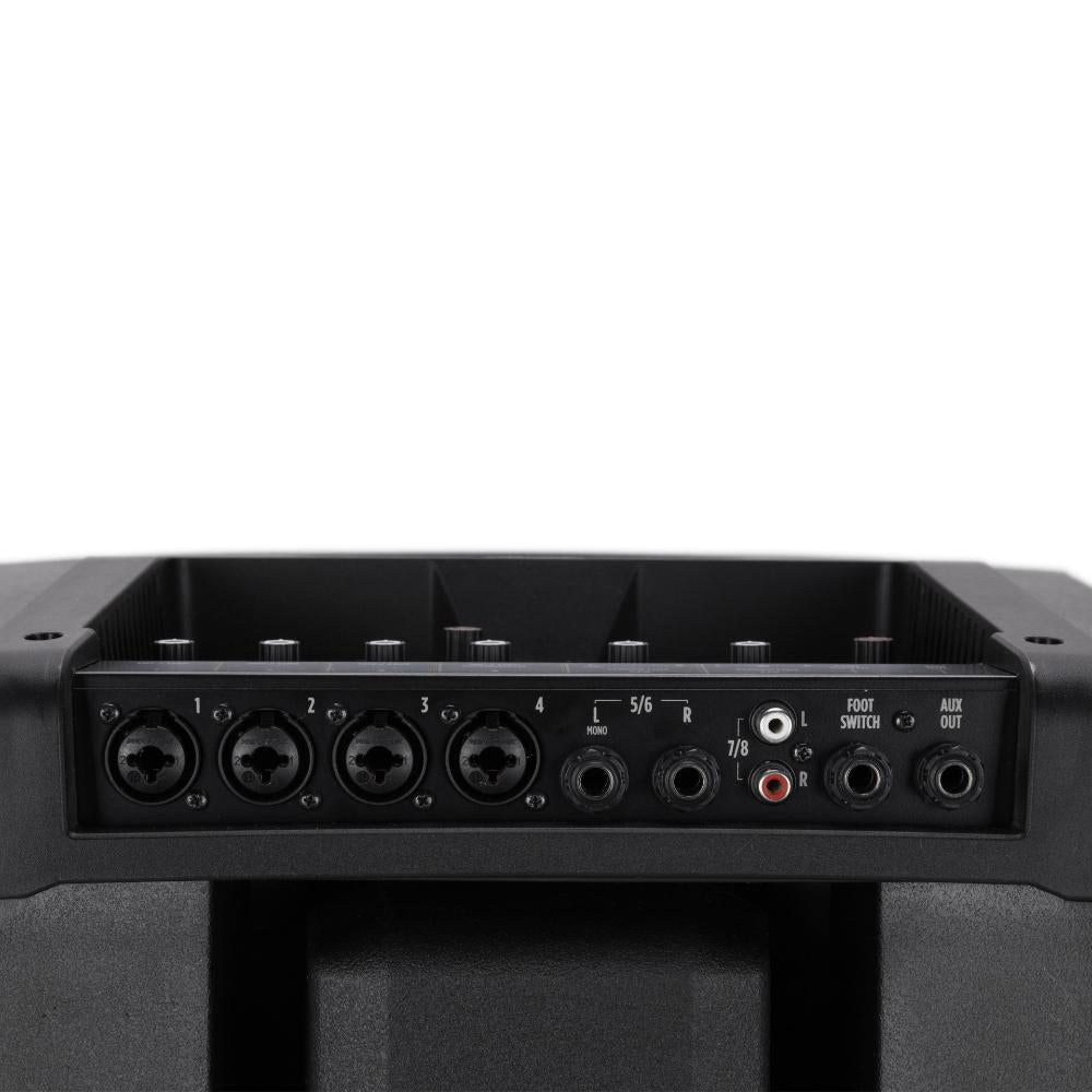 Back panel of an audio equipment with various connectors on a white background