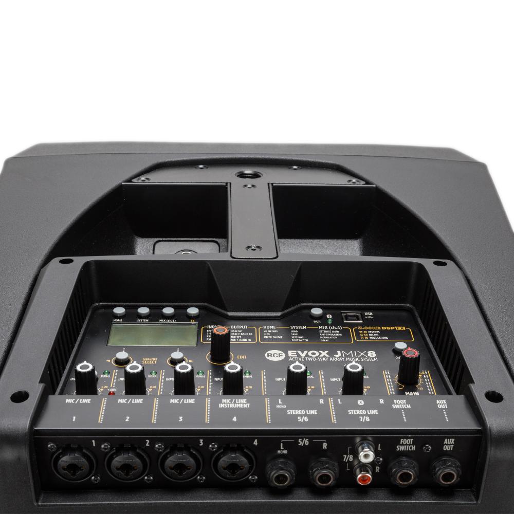"RCF EVOX JMIX8 mixer controls with Bluetooth connectivity"