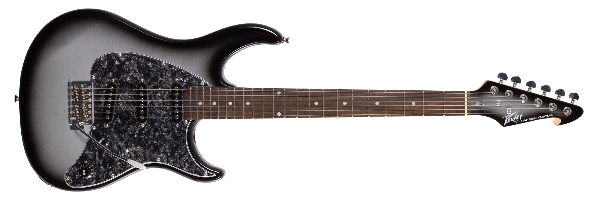 Peavey Raptor Custom Silverburst electric guitar, full front view showing body, pickups and hardware