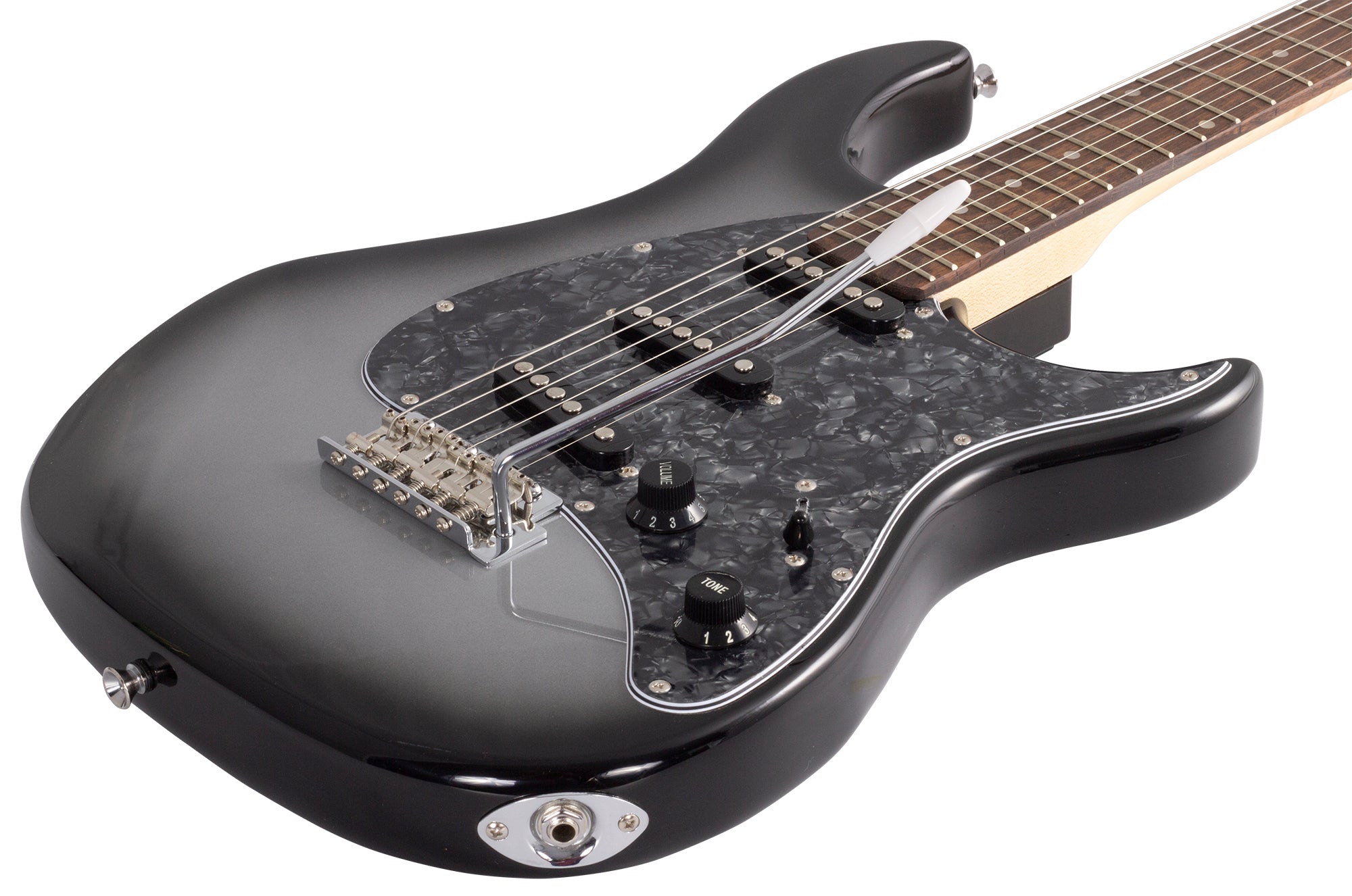 Peavey Raptor Custom guitar Silverburst finish close-up showing silver-to-black gradient burst