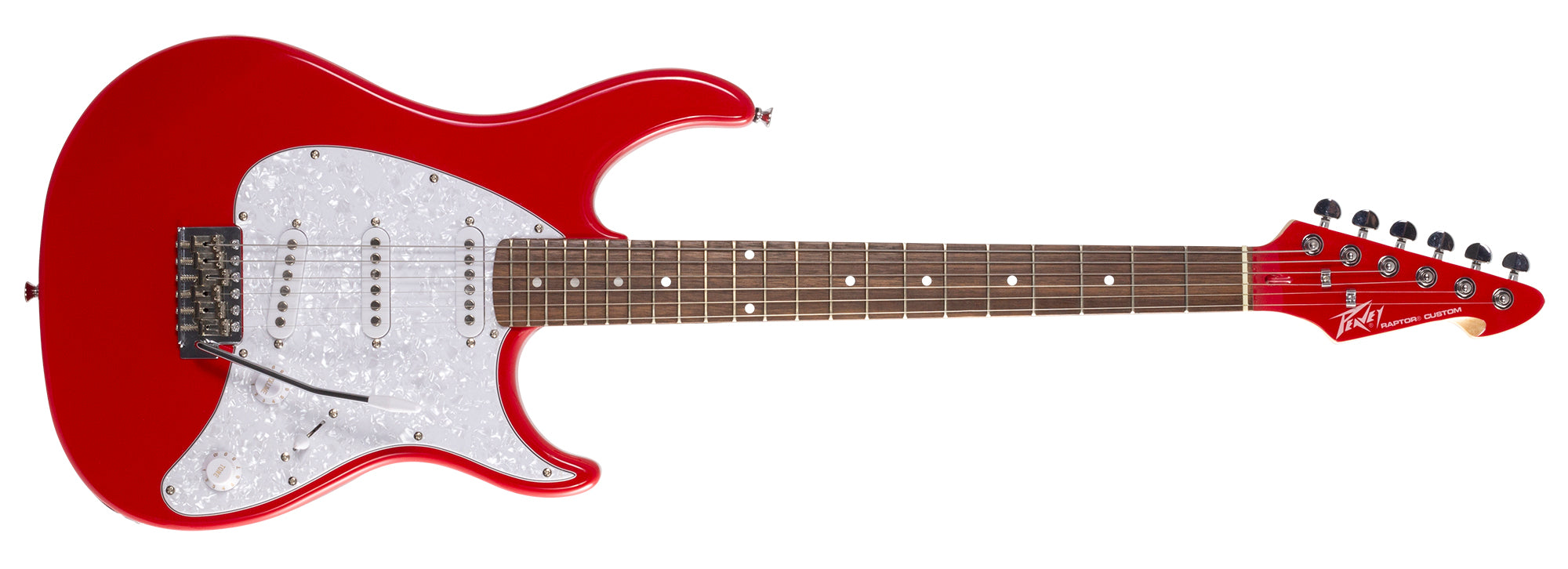 Peavey Raptor Custom red electric guitar, full front view showing body, pickups and hardware
