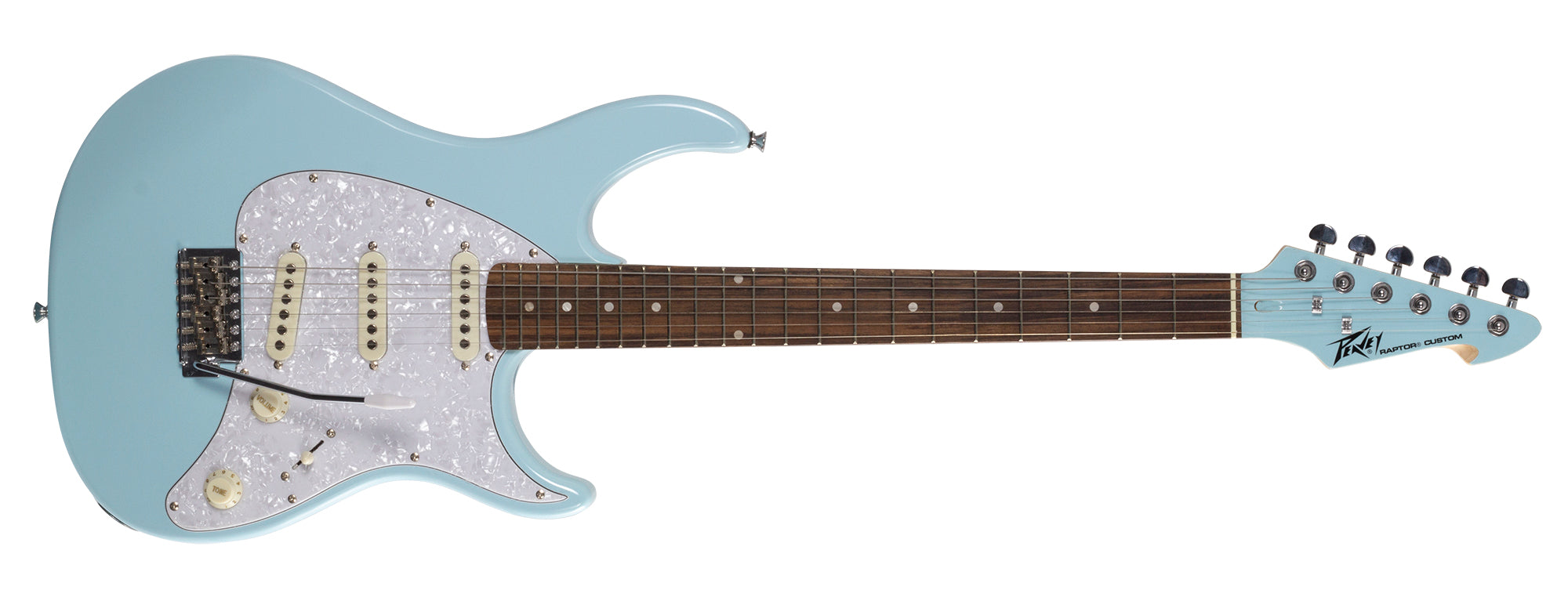 Peavey Raptor Custom Columbia Blue electric guitar, full front view showing body, pickups and hardware