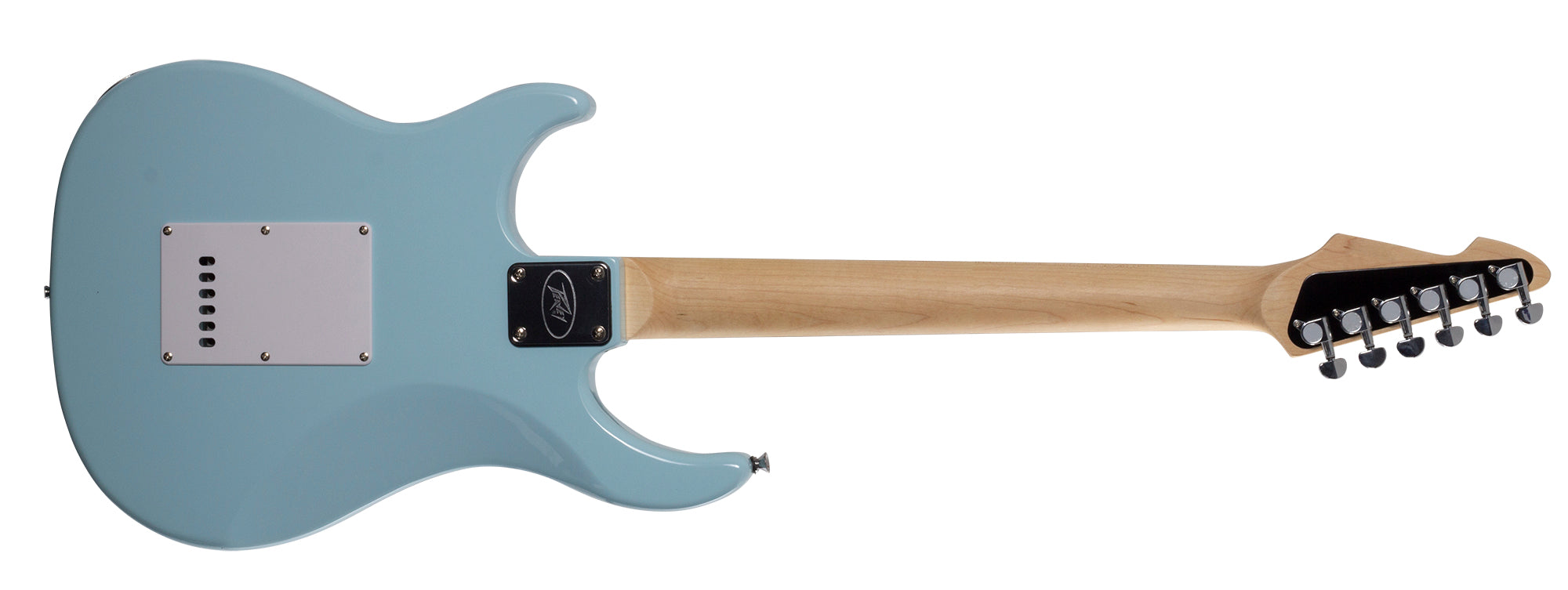 Peavey Raptor Custom Columbia Blue electric guitar back view showing neck joint and body wood finish