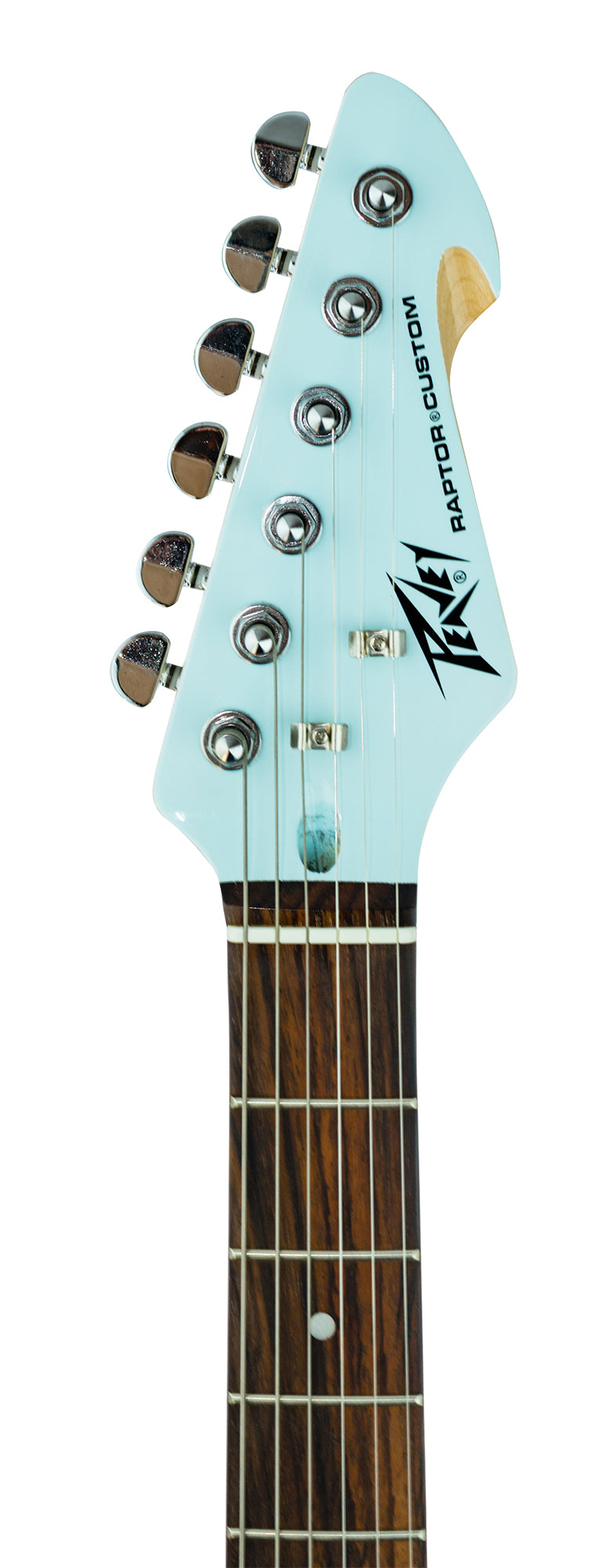Raptor Custom Columbia Blue electric guitar bridge close-up showing saddles and string anchoring