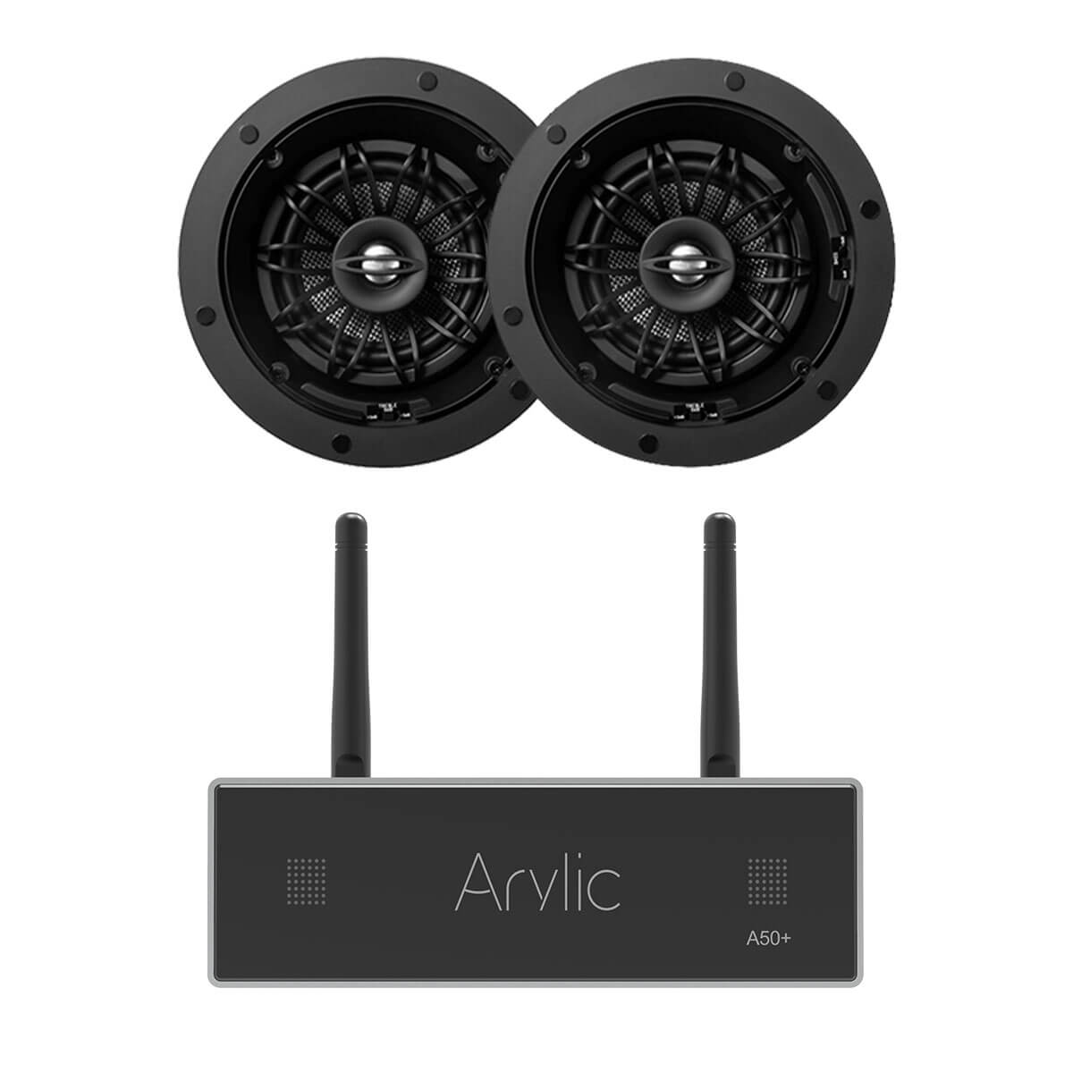 Arylic A50+ 50W streaming amplifier in modern home listening room powering passive HiFi speakers