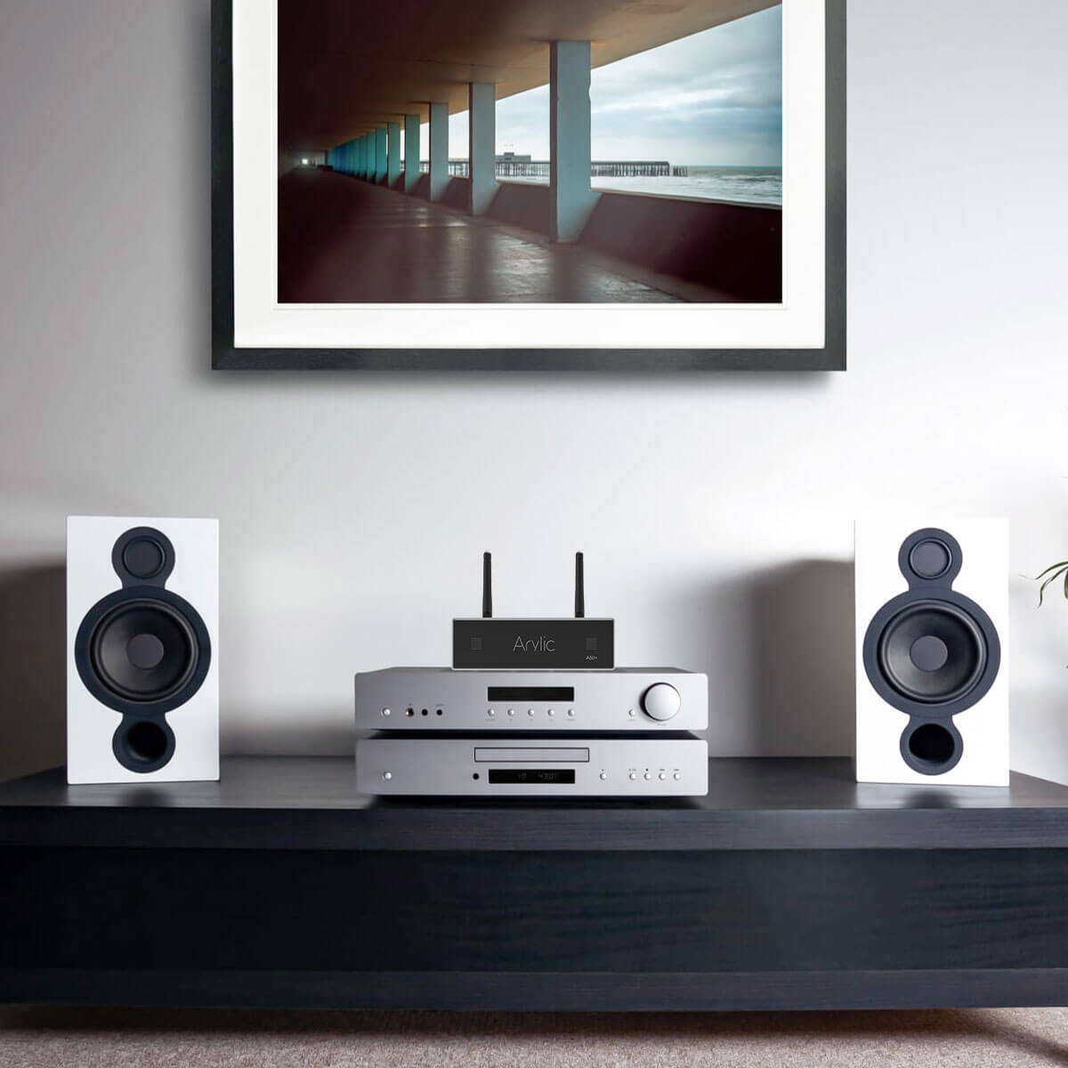Arylic A50+ 50W x2 streaming amplifier connected to passive  speakers in HiFi setup