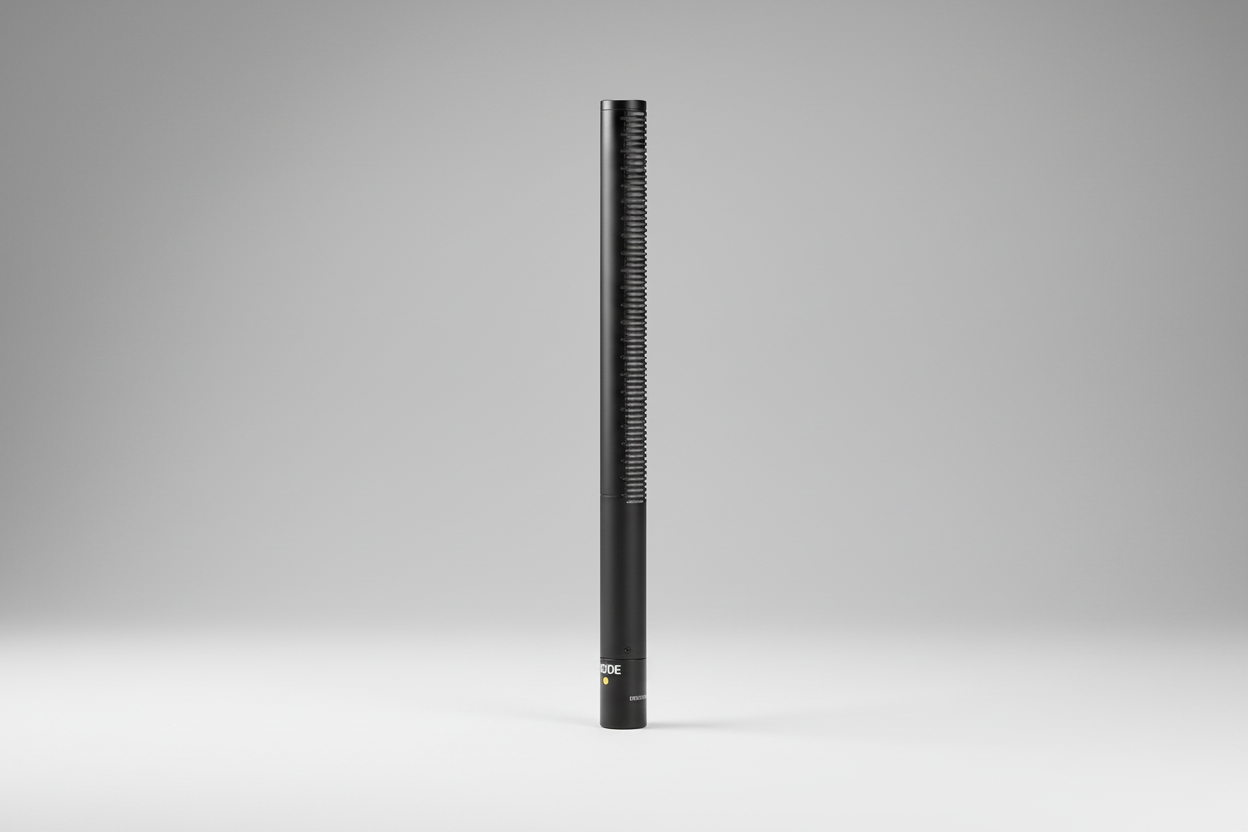 Right side of RODE Black super-cardioid shotgun mic showing switch panel and body detail