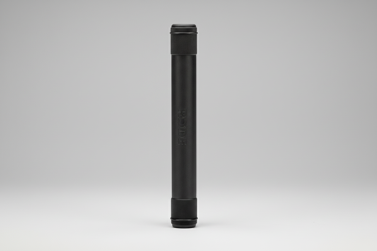 Macro shot of RODE Black shotgun mic front capsule tip and matte interference tube end
