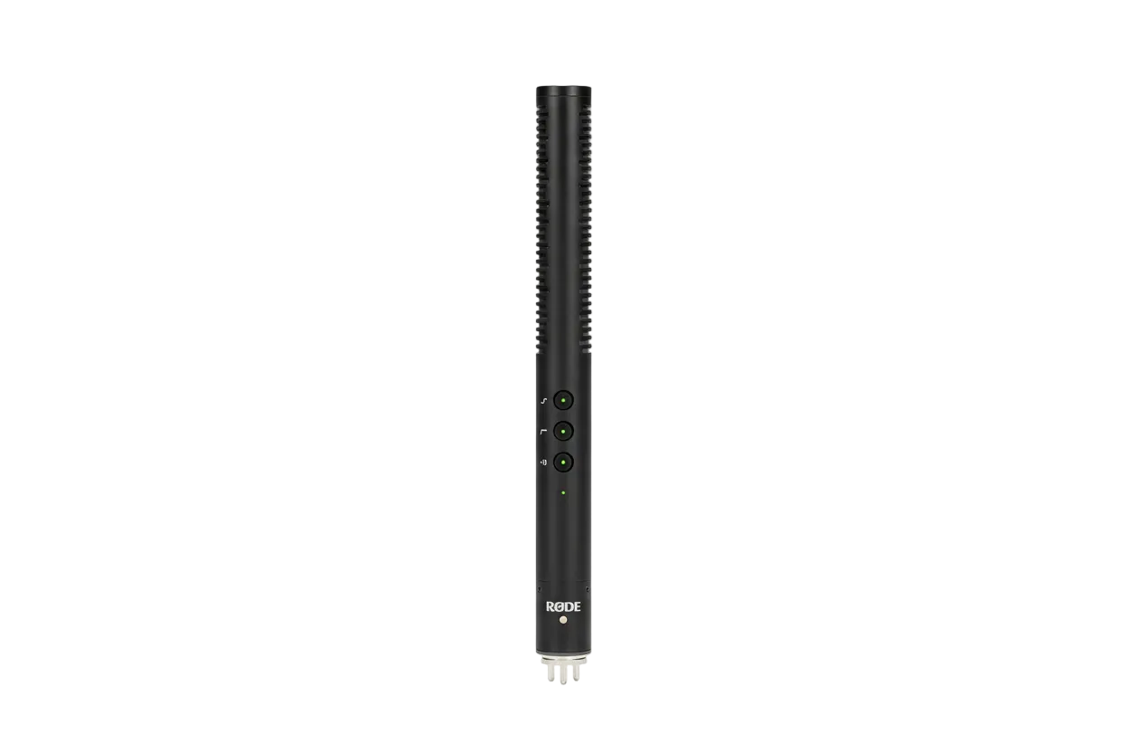 RODE premium shotgun microphone on a studio stand for broadcast voiceover recording