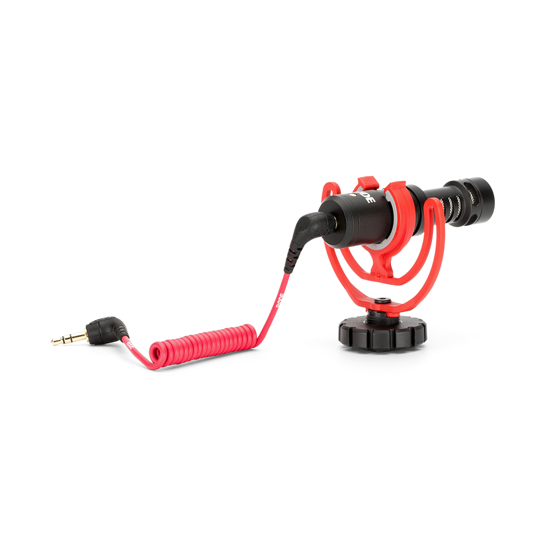 RODE VideoMicro rear view showing 3.5mm TRS output cable and Rycote Lyre mount detail