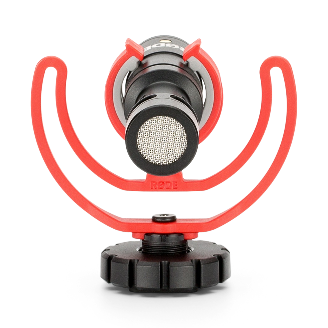 Underside of RODE VideoMicro mic showing Rycote Lyre shock mount and cold shoe fitting