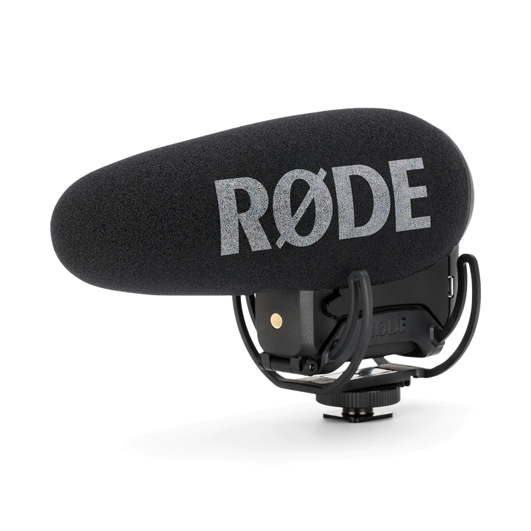 Rode VideoMic Pro Plus on camera microphone with LB1 battery mounted on DSLR during filming