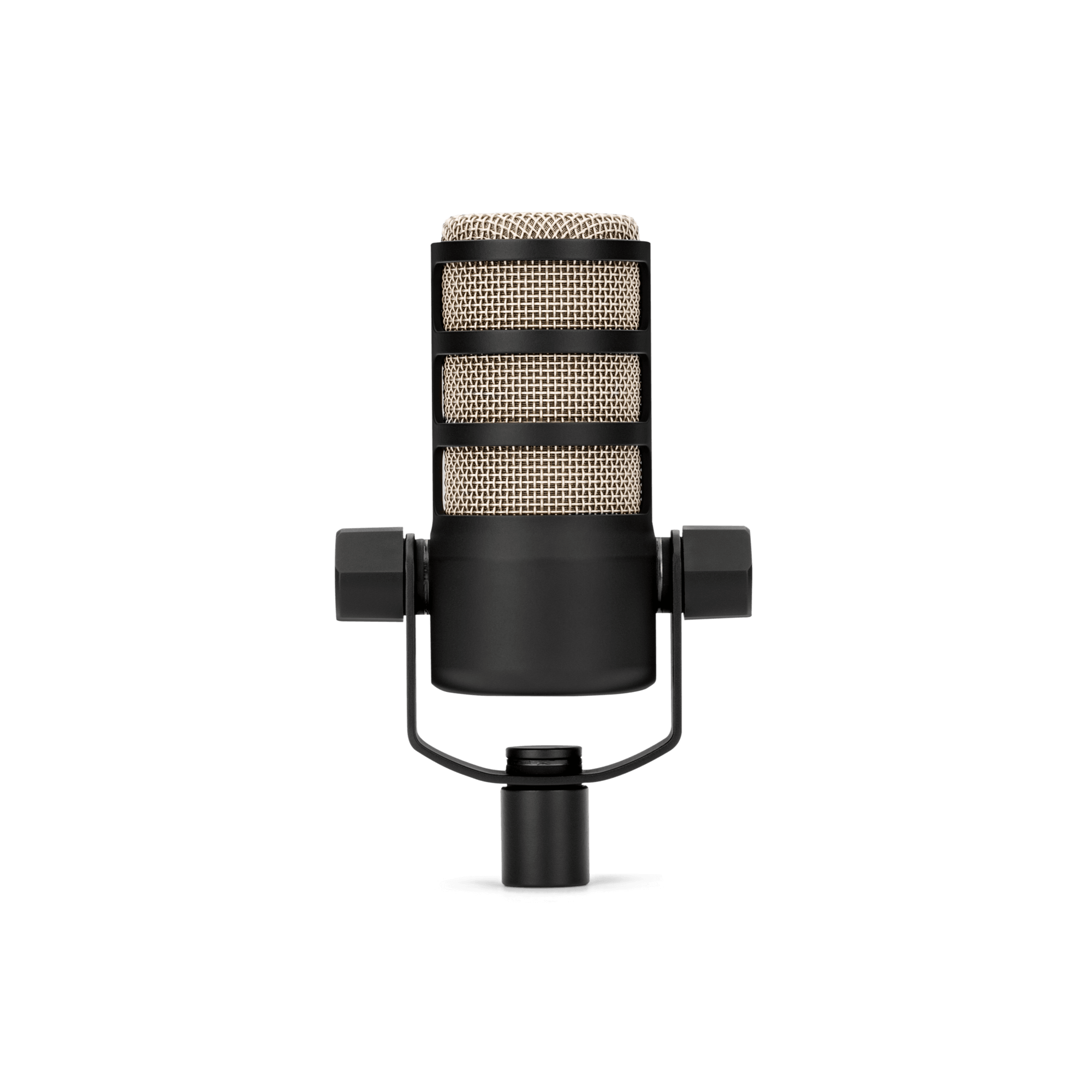 Macro shot of RODE PodMic built-in internal pop filter and broadcast dynamic capsule