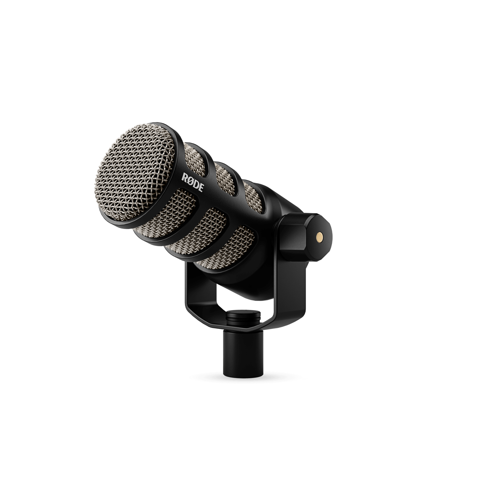 RODE PodMic dynamic broadcast microphone – front view with professional matte black finish