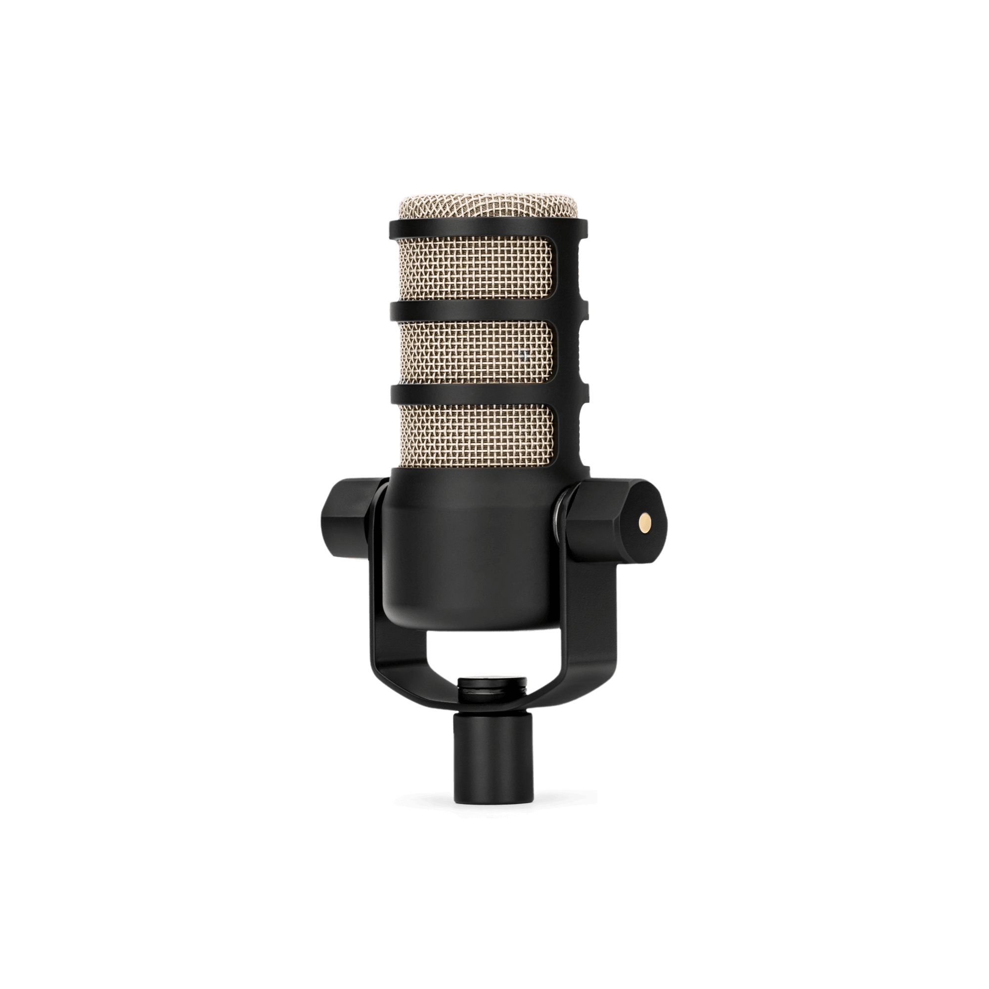 Left side profile of RODE PodMic showing sturdy all-metal dynamic broadcast mic body
