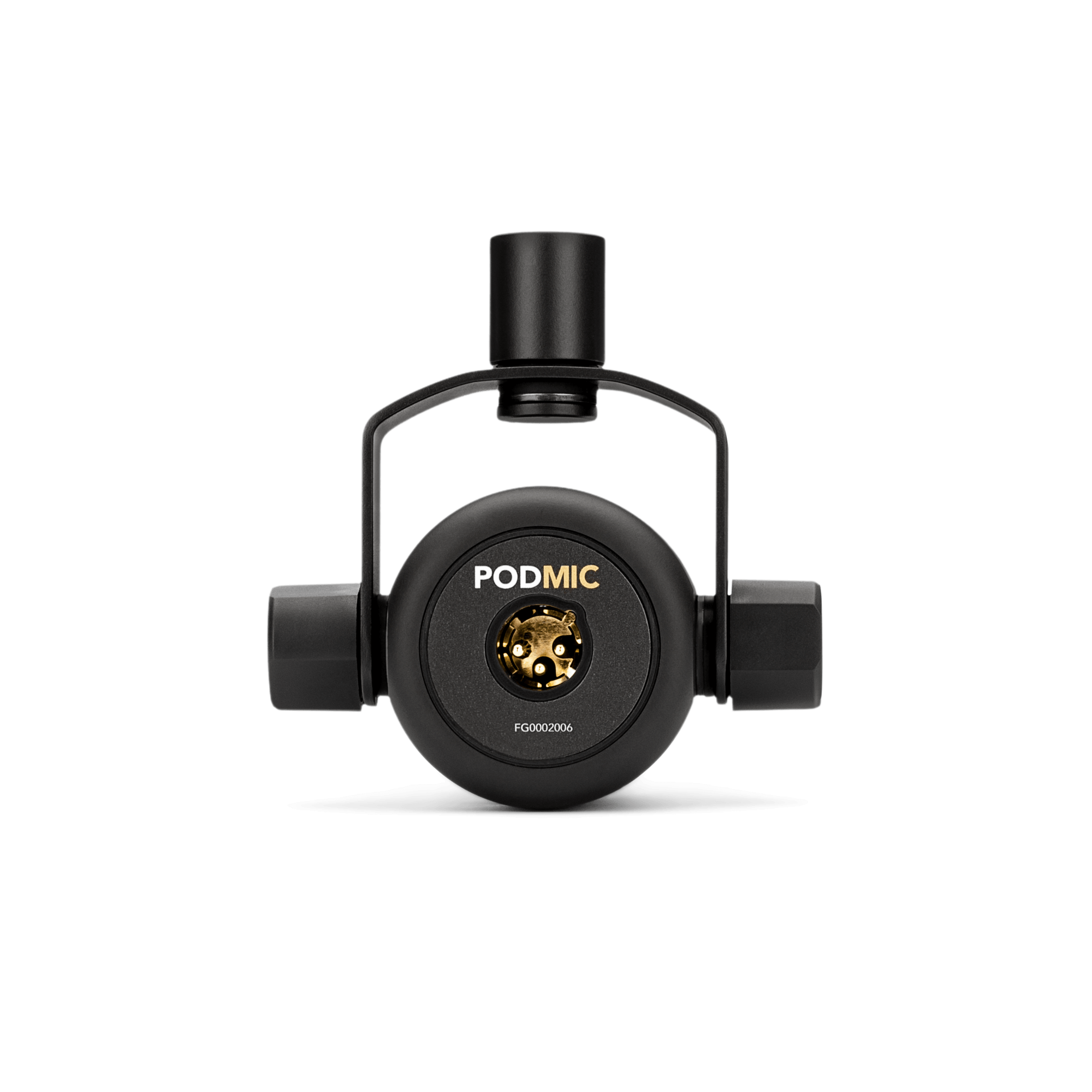 RODE PodMic rear view showing XLR output connector and robust integrated swivel mount