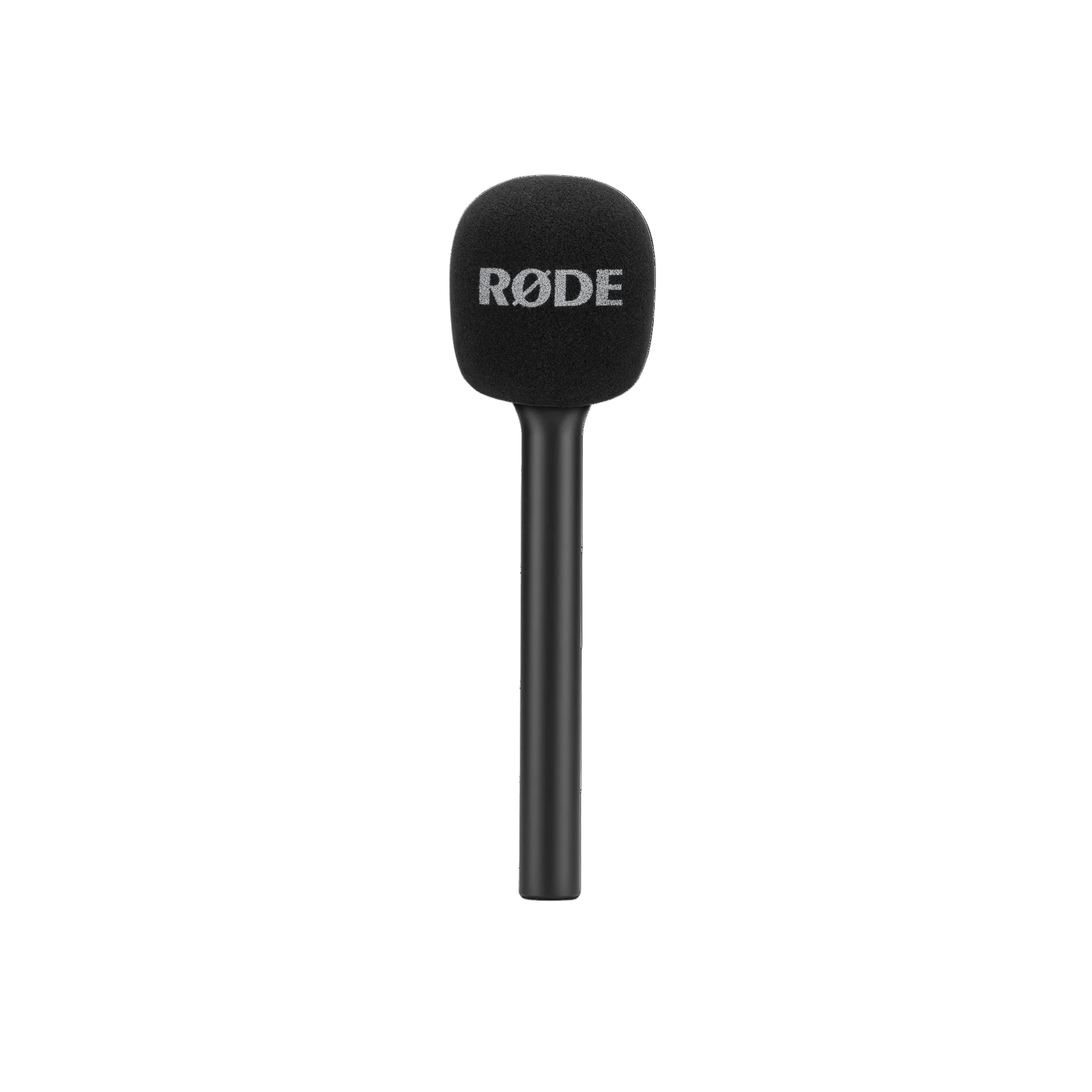 RODE Handle and Windshield for Wireless GO front view with foam windshield and pistol grip