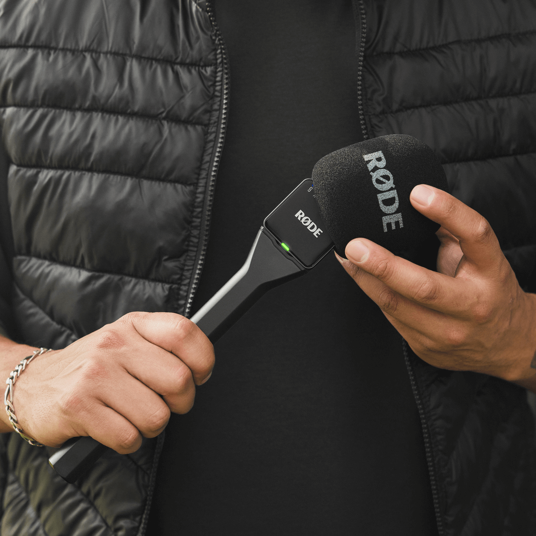 RODE Wireless GO handle grip used at live event for on-location reporter-style audio capture