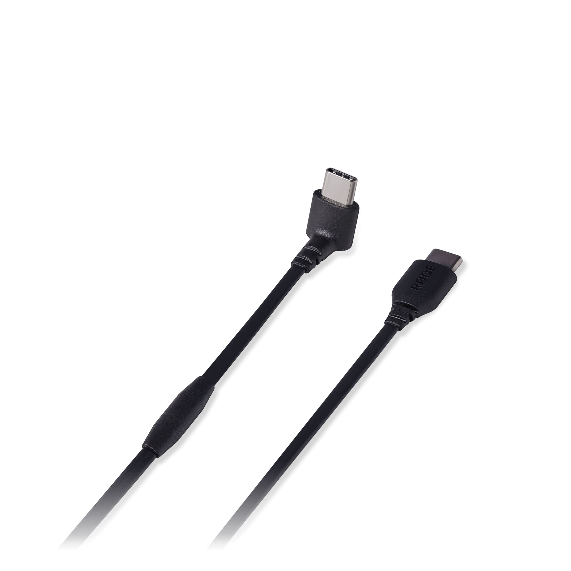 Close-up of RODE USB-C 300mm flat cable first gold-tipped USB-C male connector end
