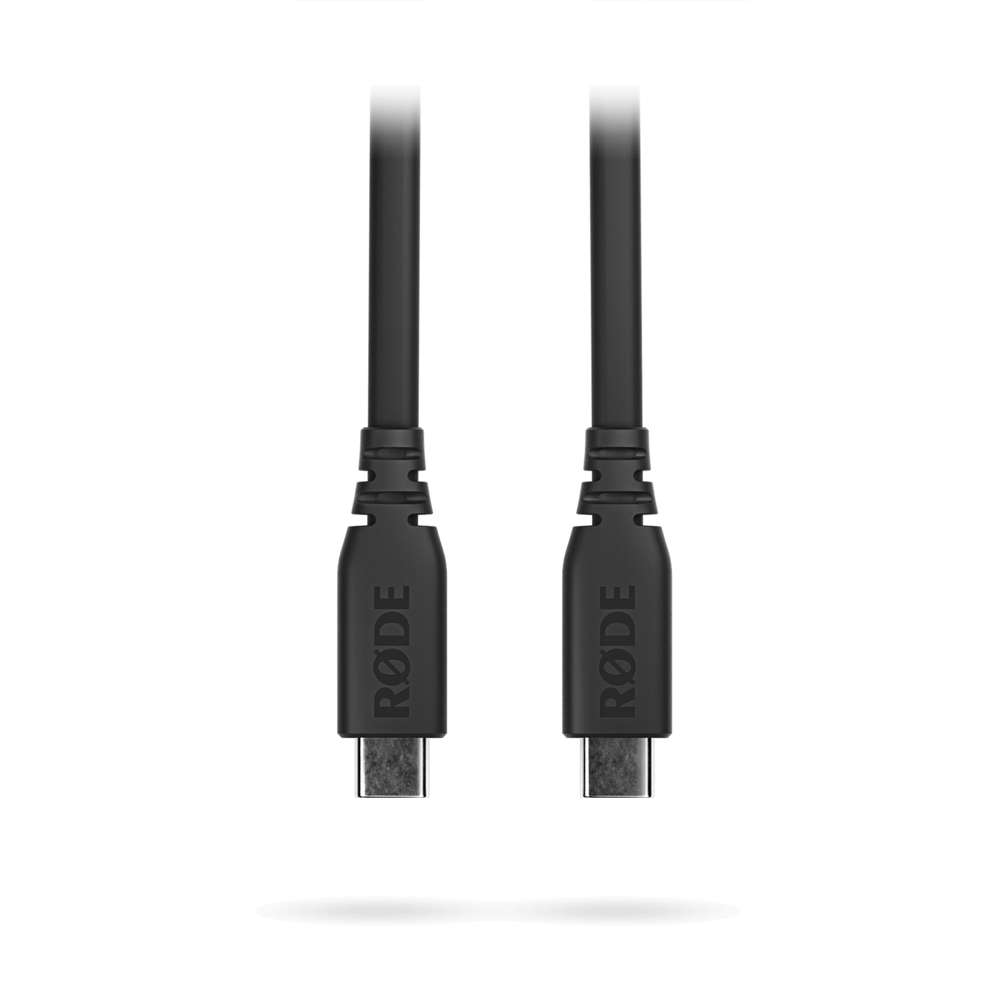 Close-up of RODE USB-C flat cable first connector with gold-tipped USB-C plug detail