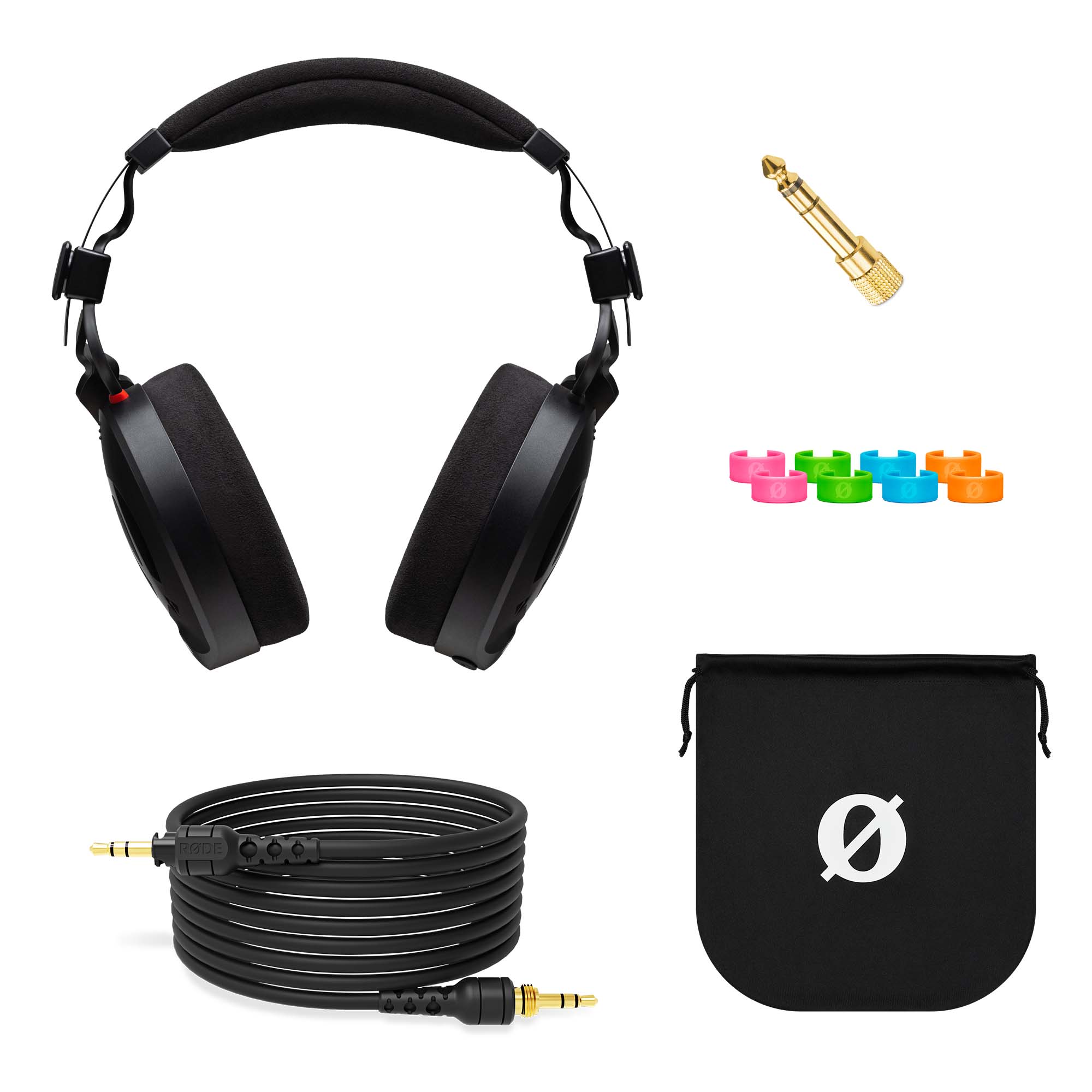 RODE NTH-100 unboxed showing headphones, detachable cable, carry pouch and 6.3mm adaptor