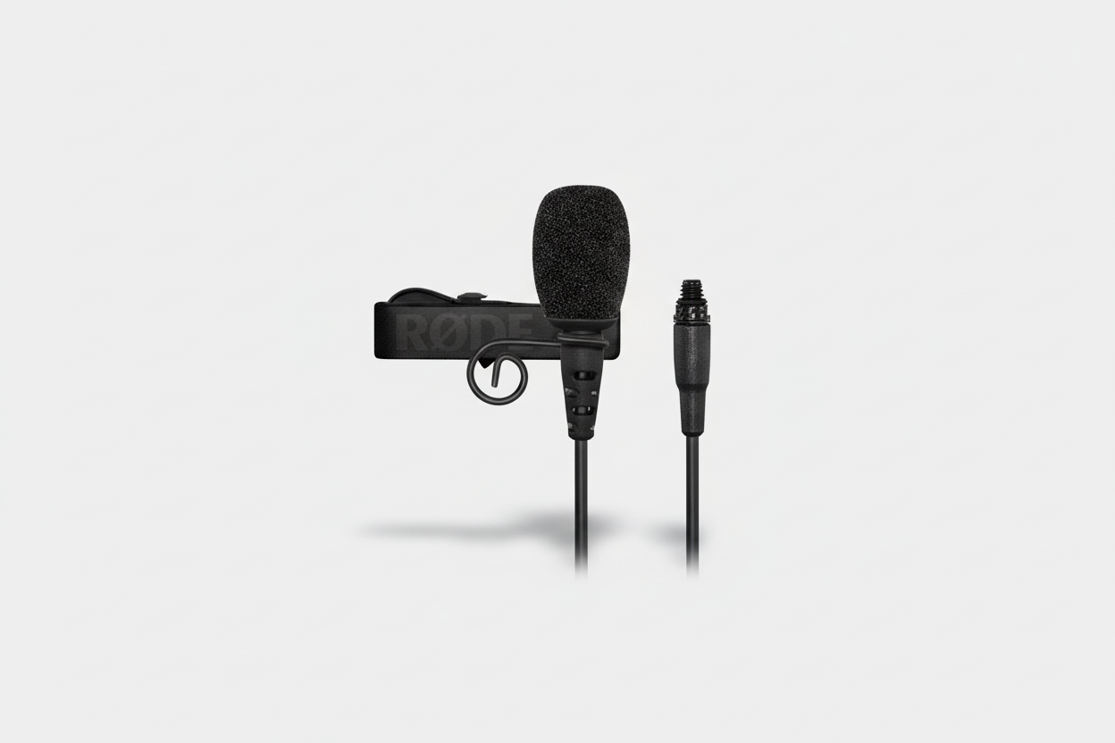RODE omnidirectional lavalier microphone with flat cable front view showing compact capsule design