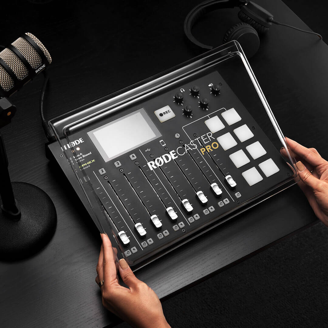 RODE RODECaster II Pro Cover being placed over console showing easy installation