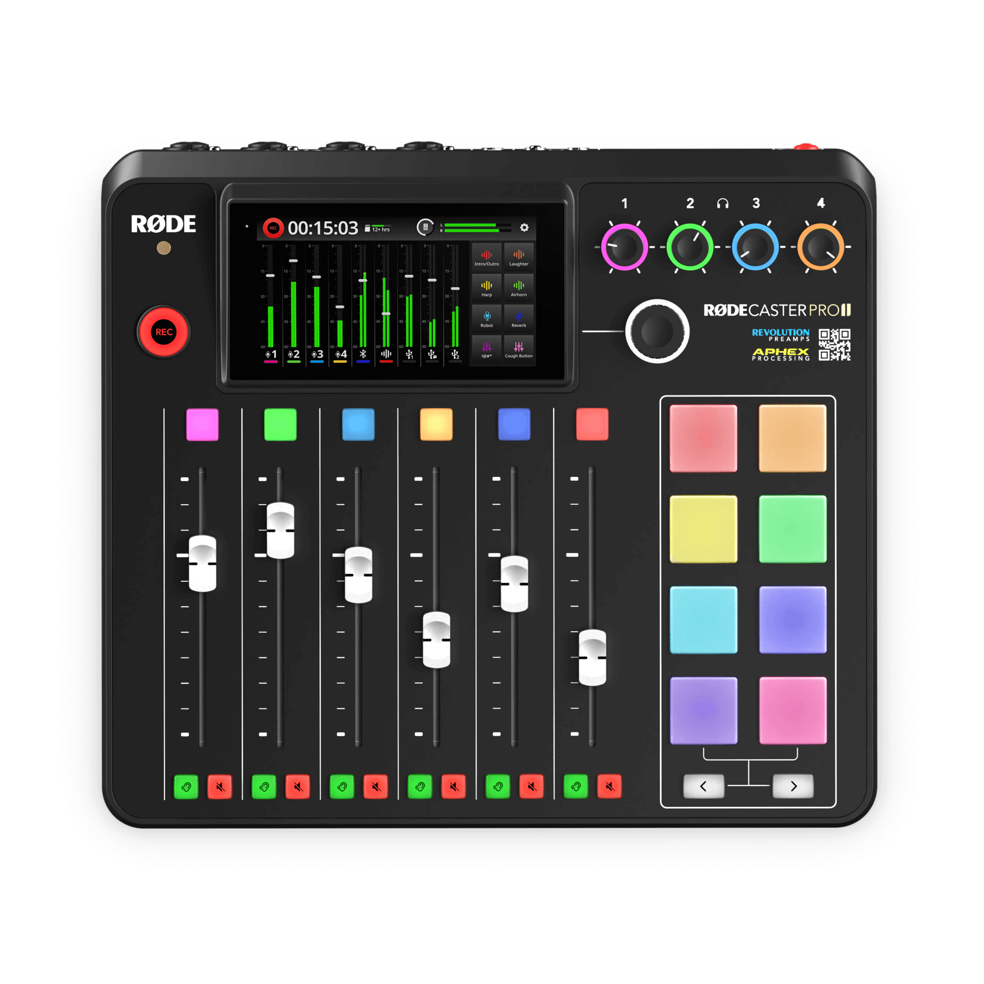 RODE RODECaster Pro II UK all-in-one podcast production console – front view with faders