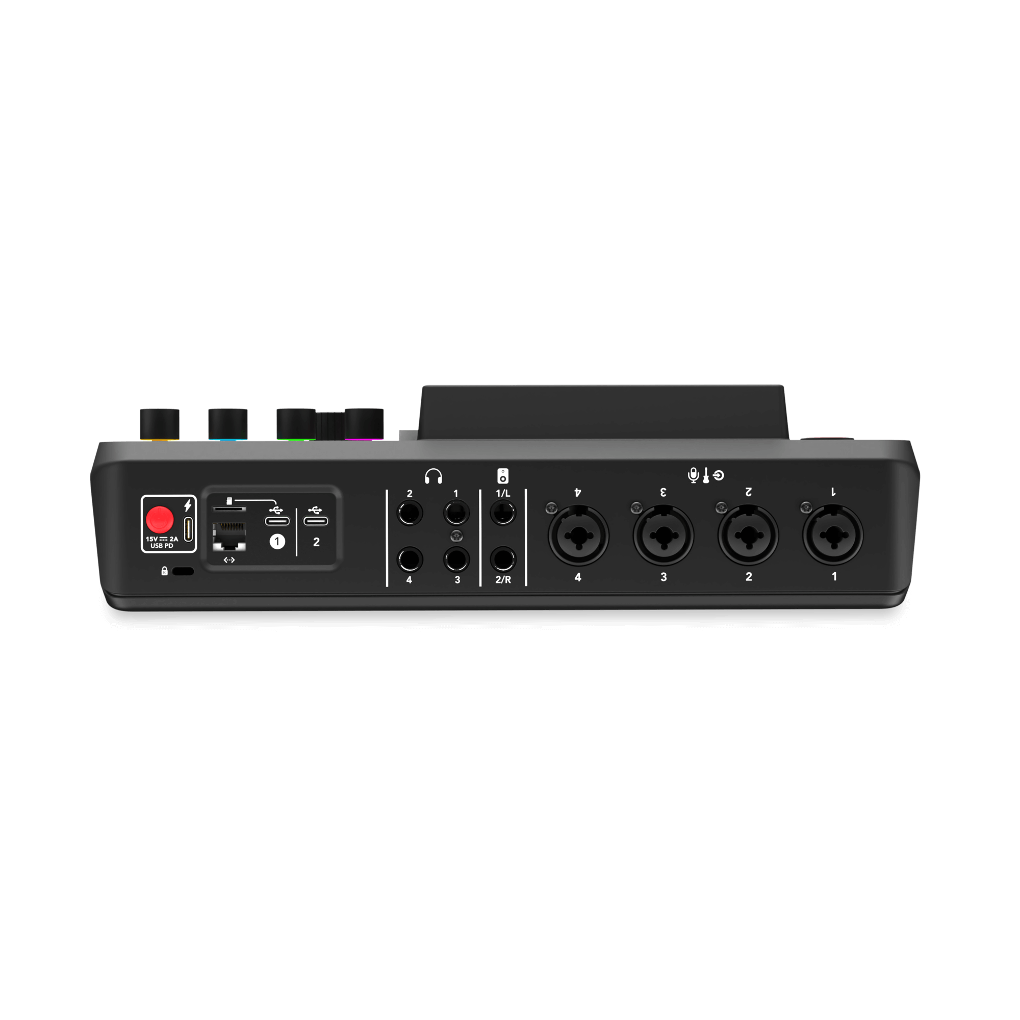 RODE RODECaster Pro II rear panel with four XLR inputs, USB-C, HDMI and headphone ports