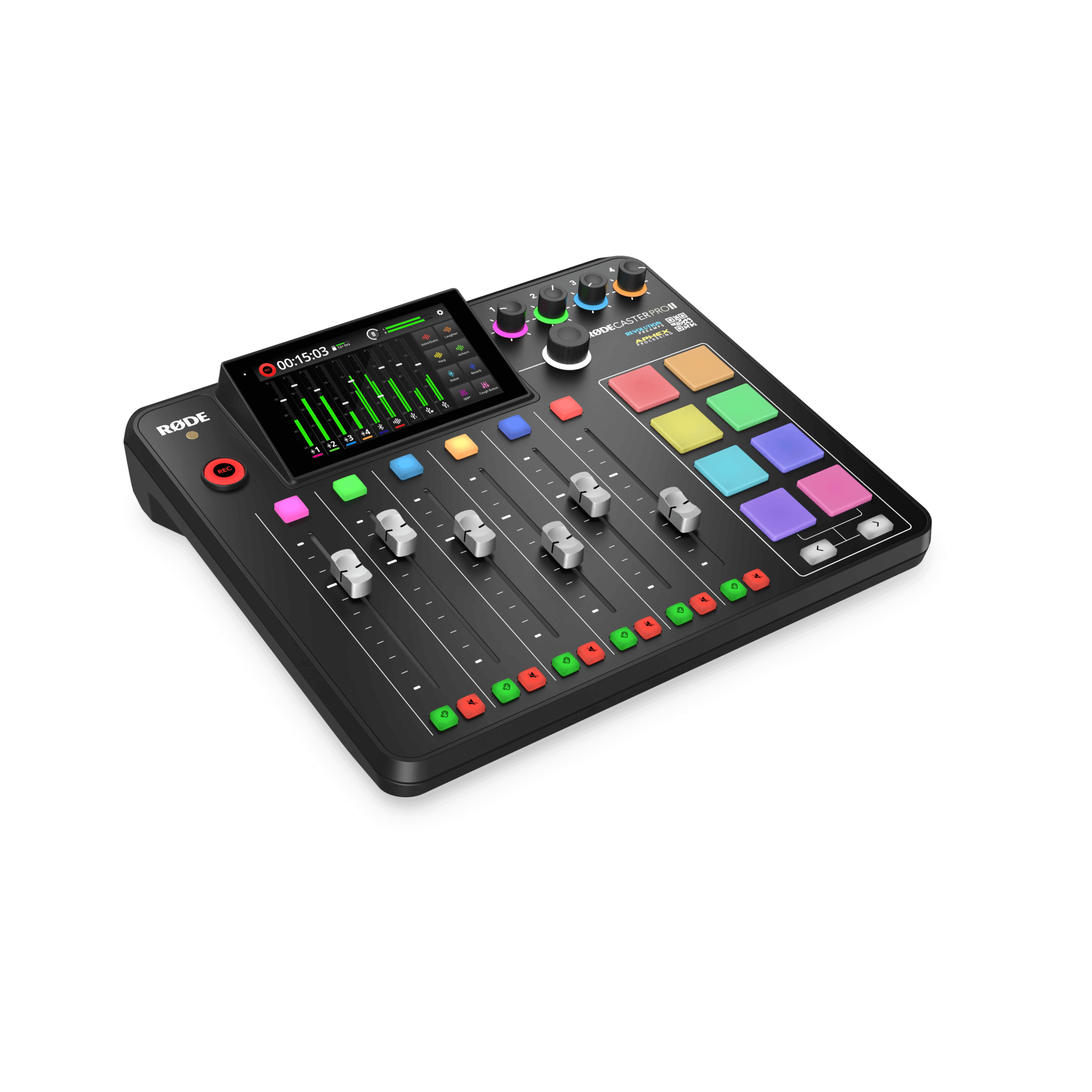 Close-up of RODE RODECaster Pro II full-colour touchscreen display and intuitive UI