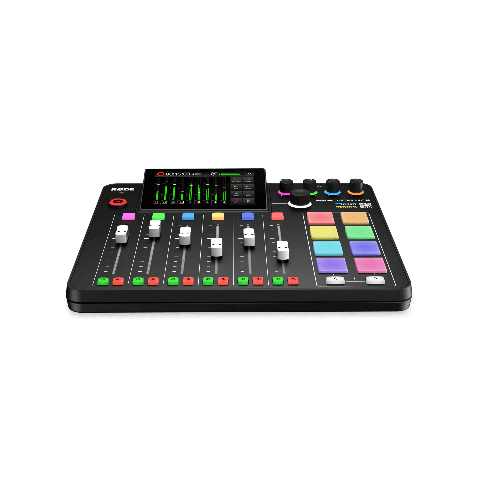 Top-down view of RODE RODECaster Pro II showing touchscreen, faders and smart pads