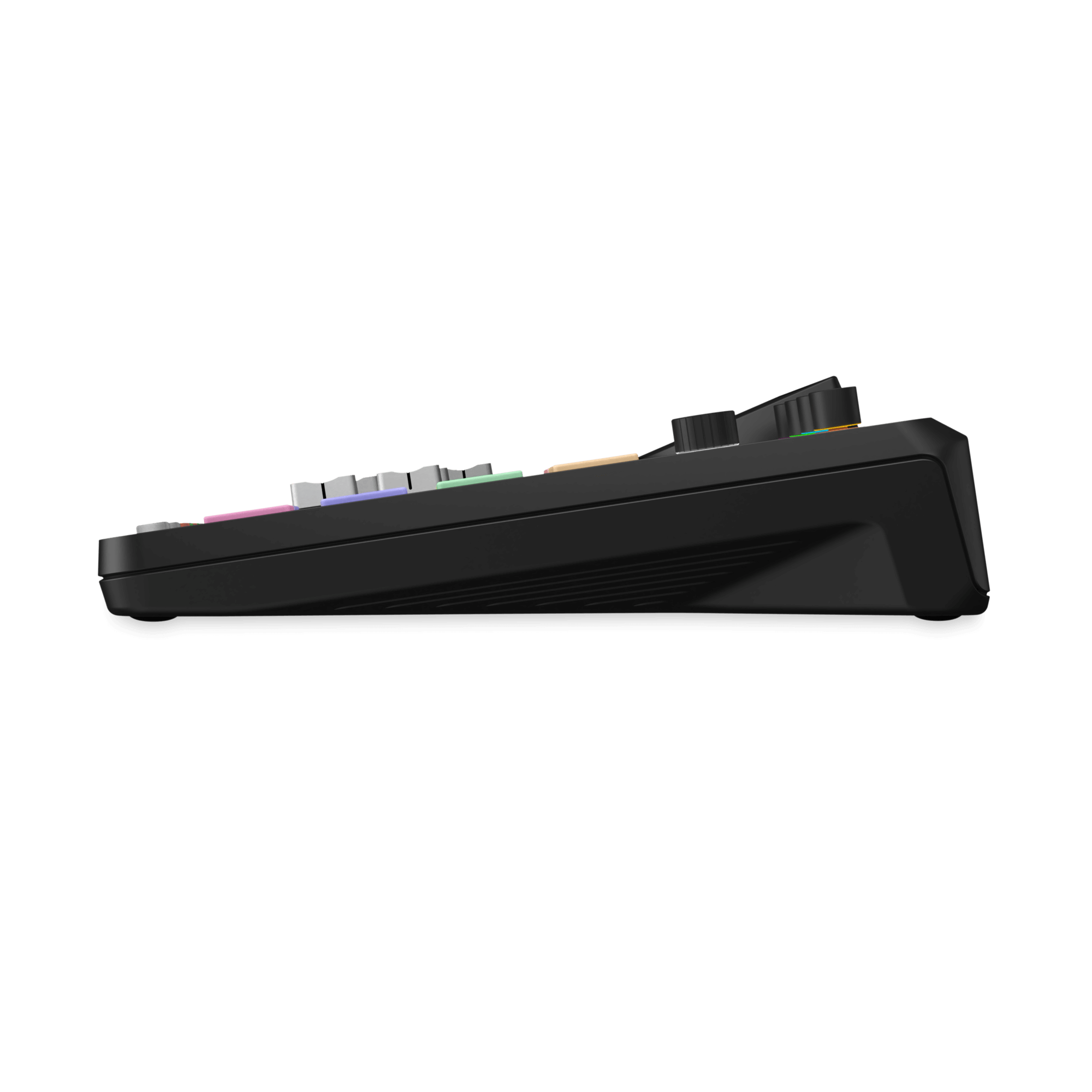 Left side profile of RODE RODECaster Pro II showing robust compact console build quality