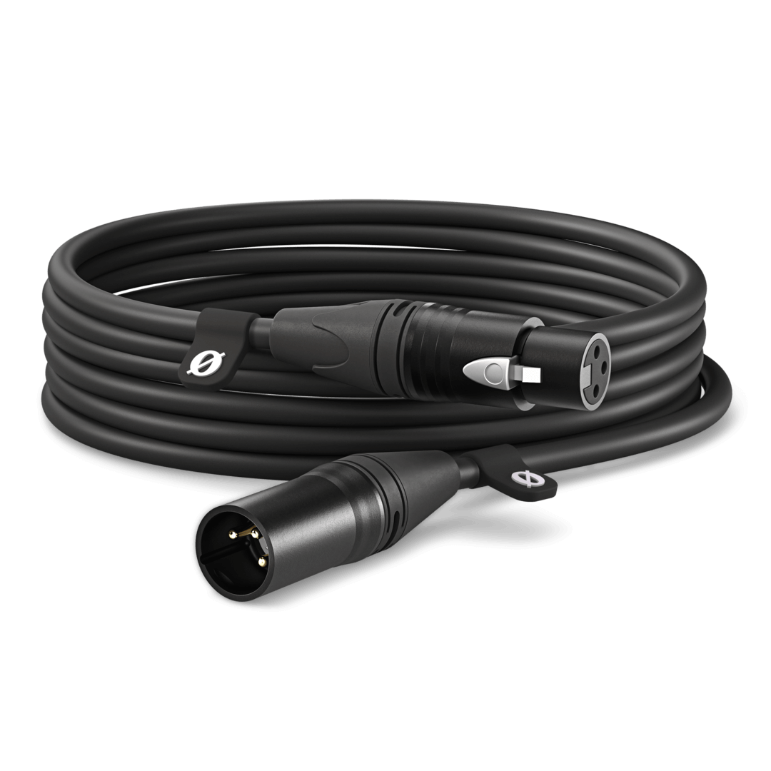 Rode XLR cable 6 meter black professional balanced audio cable front view and cable connected to microphone and audio interface