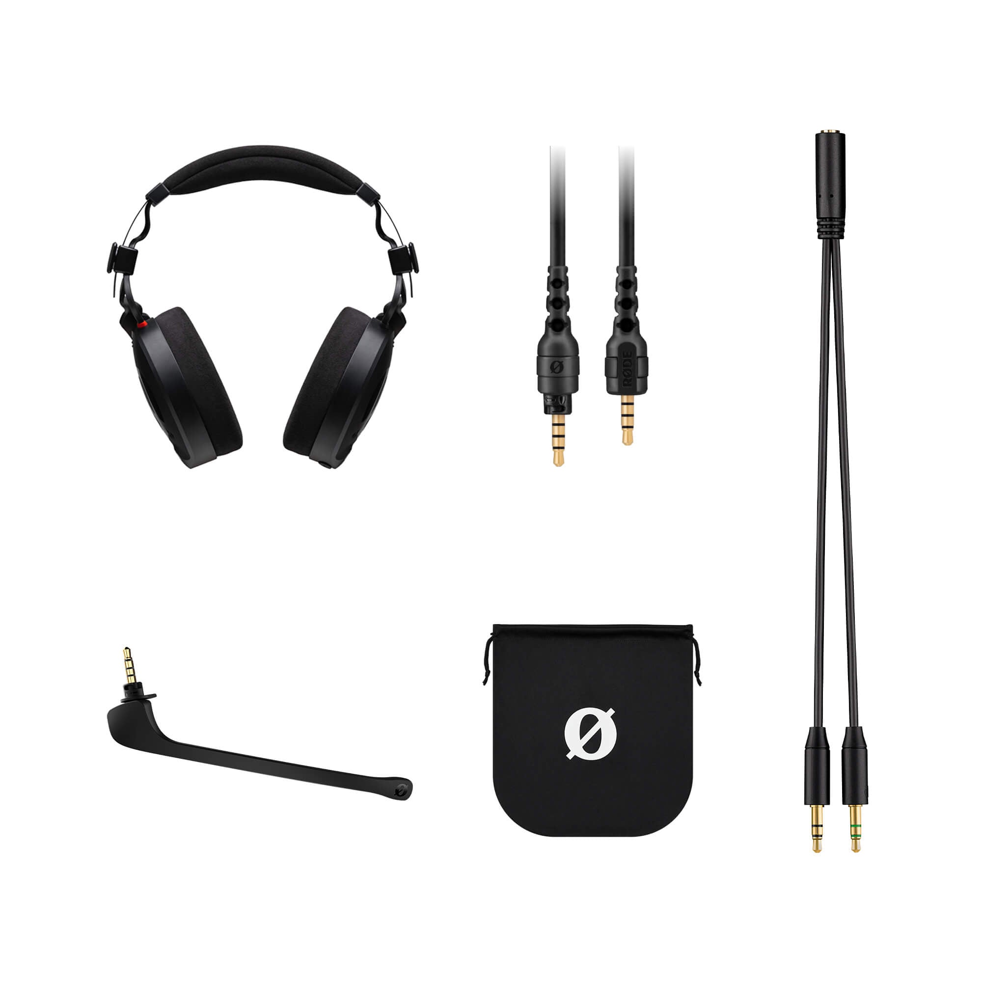RODE NTH-100M unboxed showing headphones, detachable cable with in-line mic and pouch