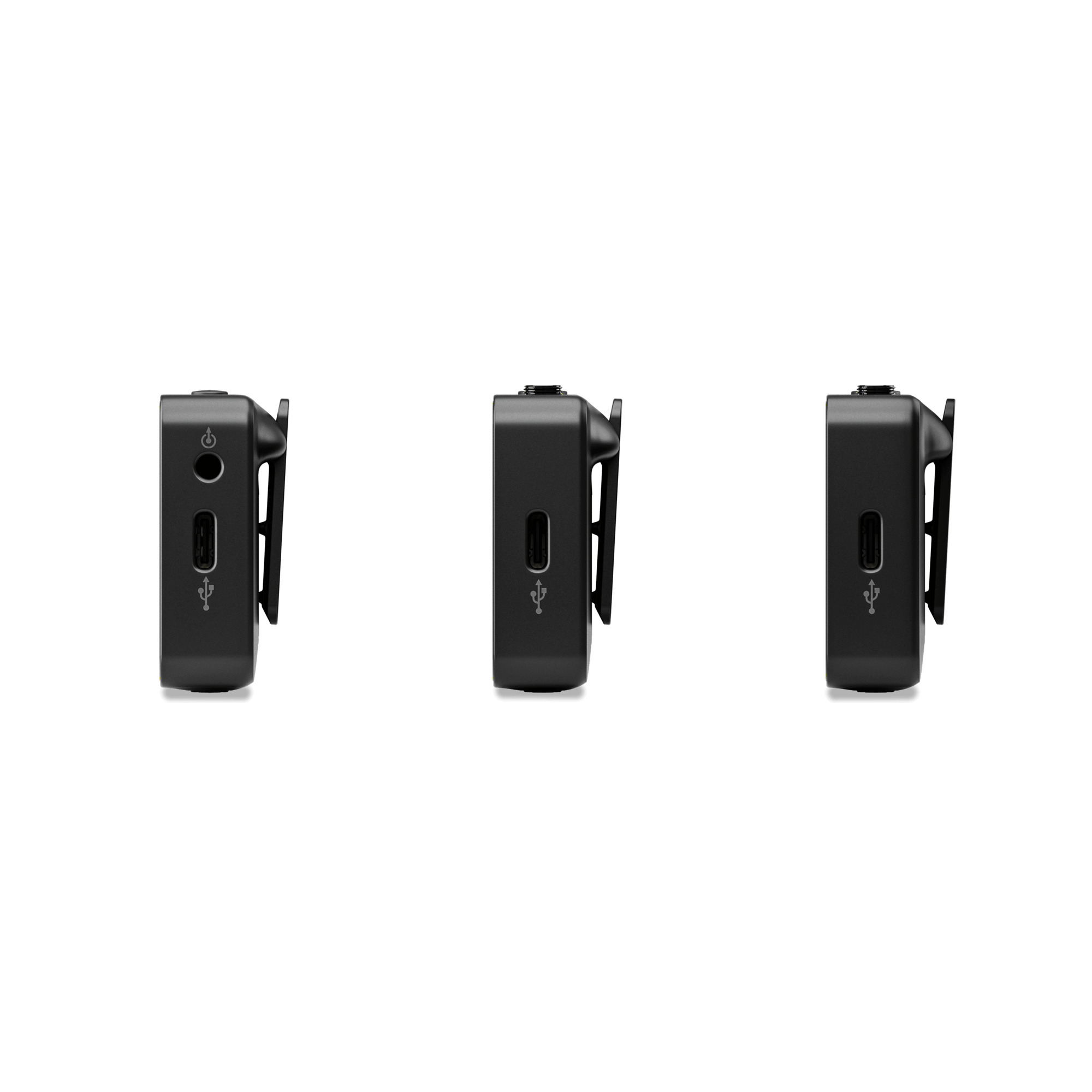 Three RODE WIRELESS GO III with USB ports on a white background