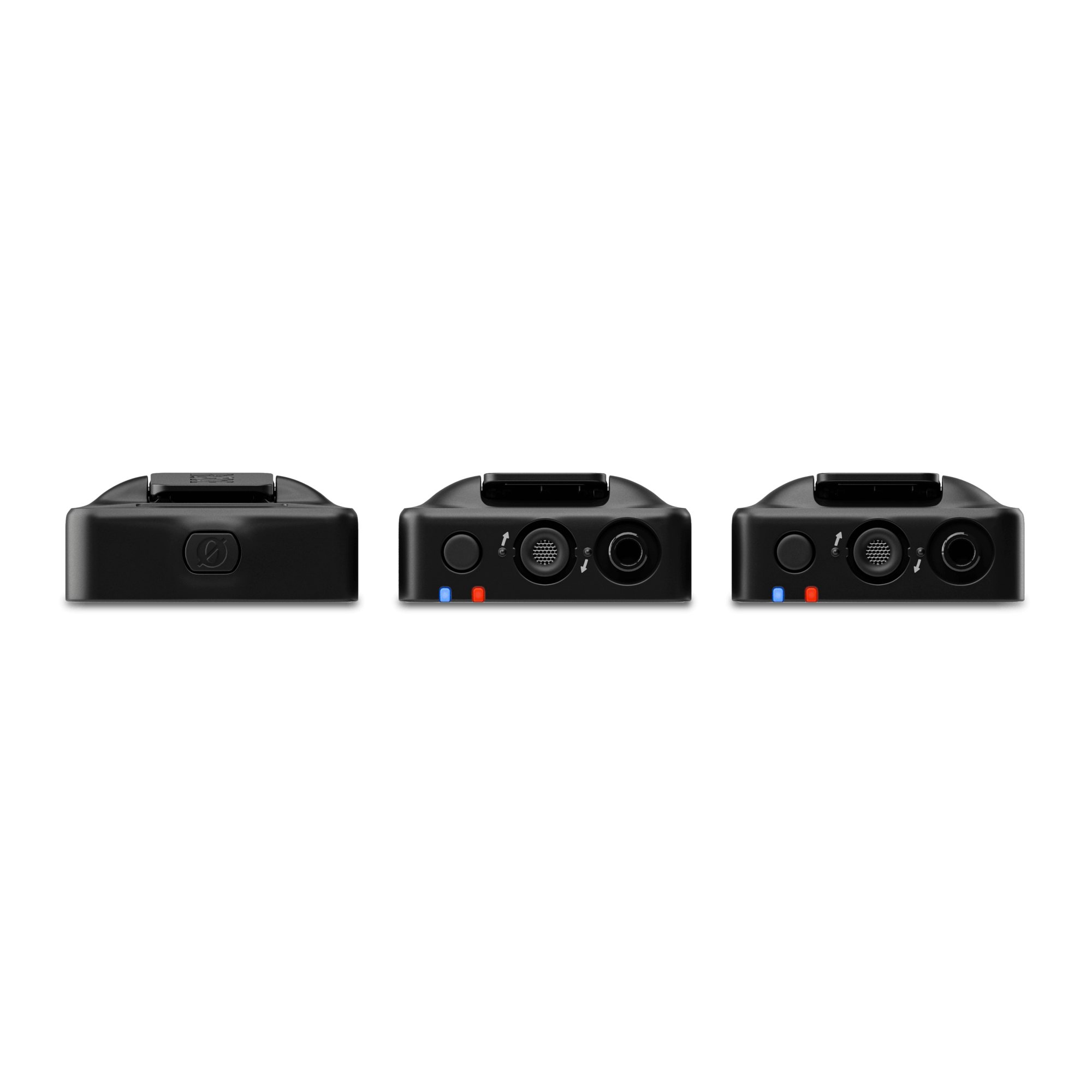 Rode Wireless Go III black transmitter and receiver top view with buttons