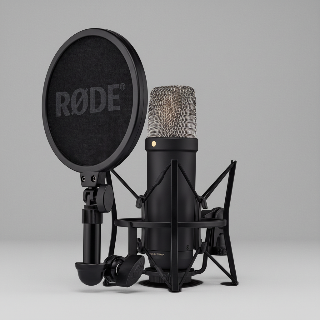 RODE NT1 Gen 5 nickel on desk arm in treated room for high-fidelity podcast microphone setup