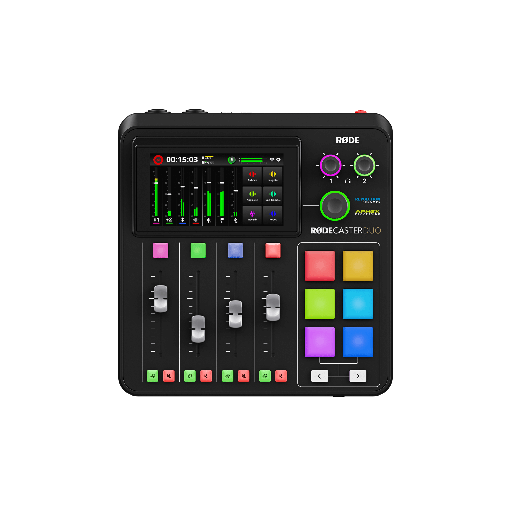 RODE RODECaster Duo UK – front view of compact two-channel podcast production console