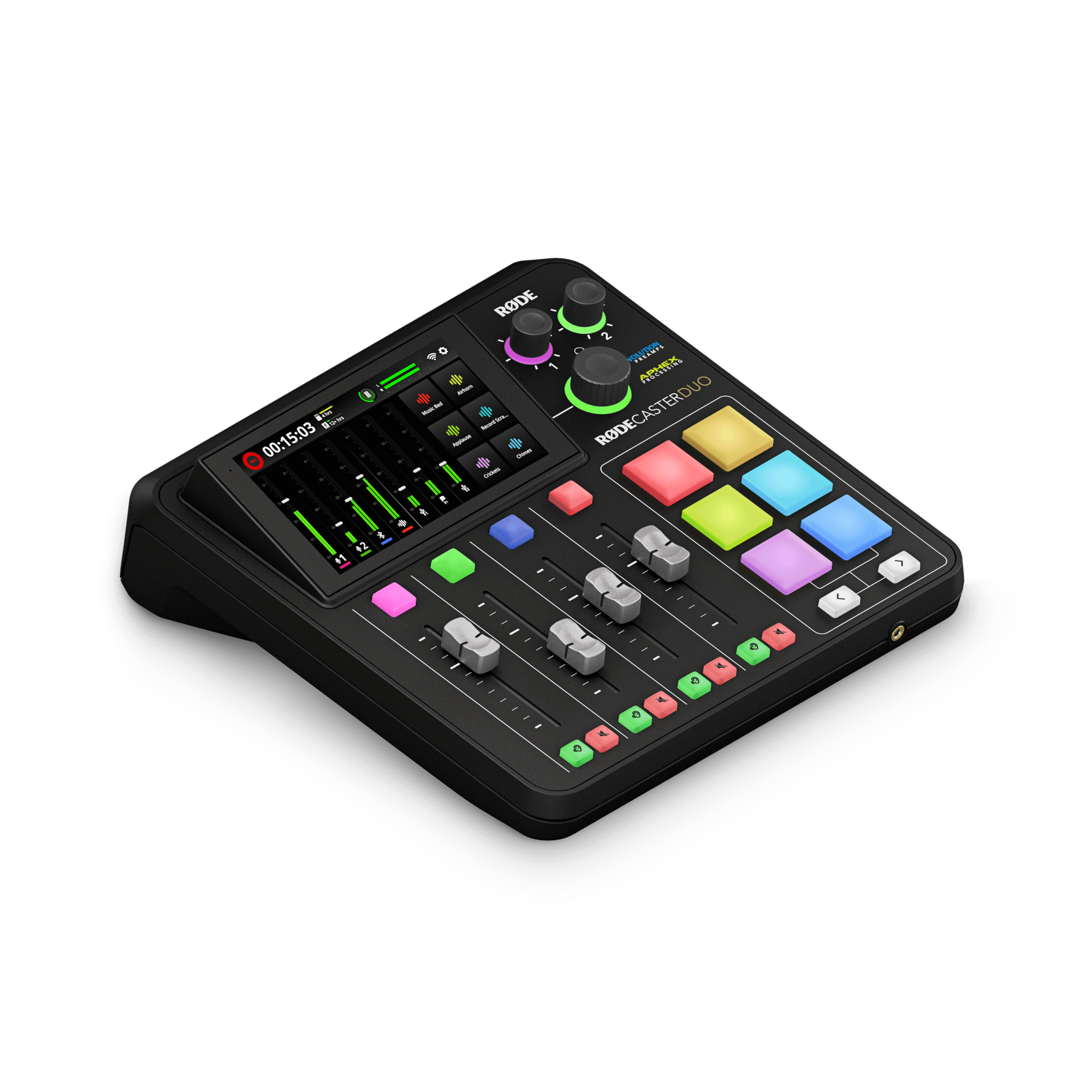 Top-down view of RODE RODECaster Duo showing touchscreen display and dual-channel layout