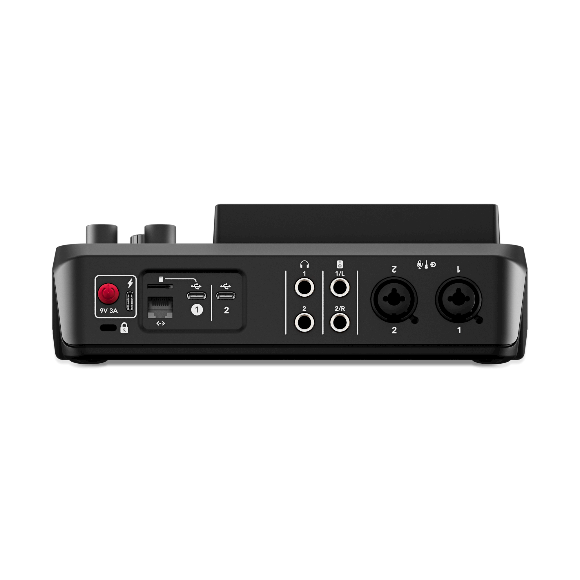 RODE RODECaster Duo rear panel showing two XLR inputs, USB-C and headphone output ports