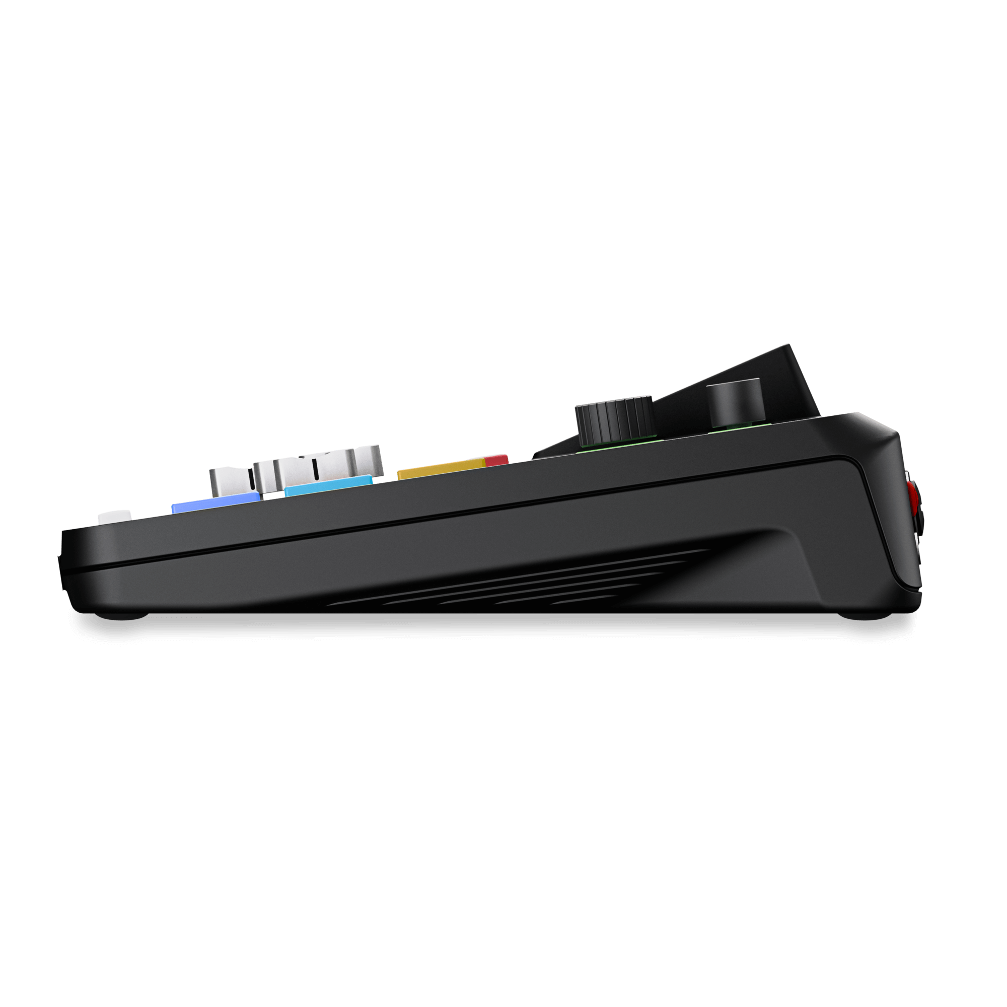 Left side profile of RODE RODECaster Duo UK showing compact streamlined console build