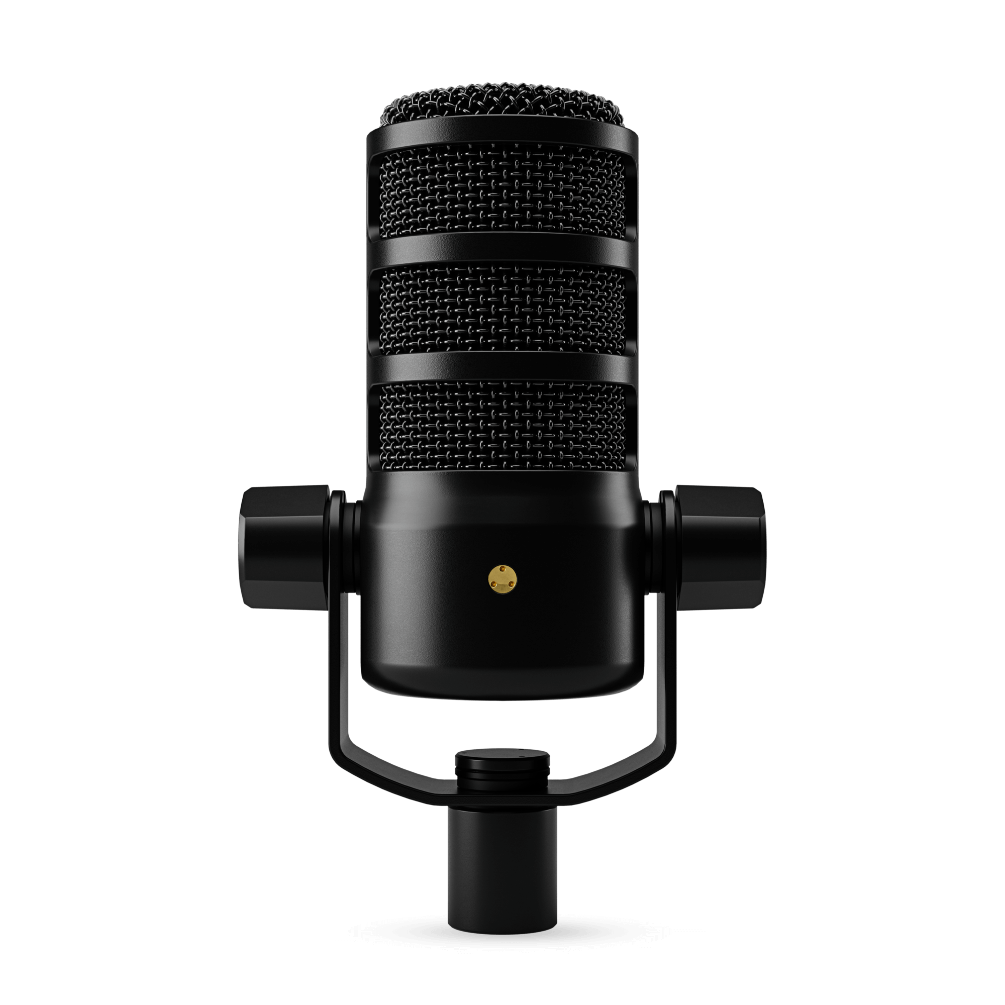 RODE PodMic USB dynamic broadcast microphone – front view with matte black finish