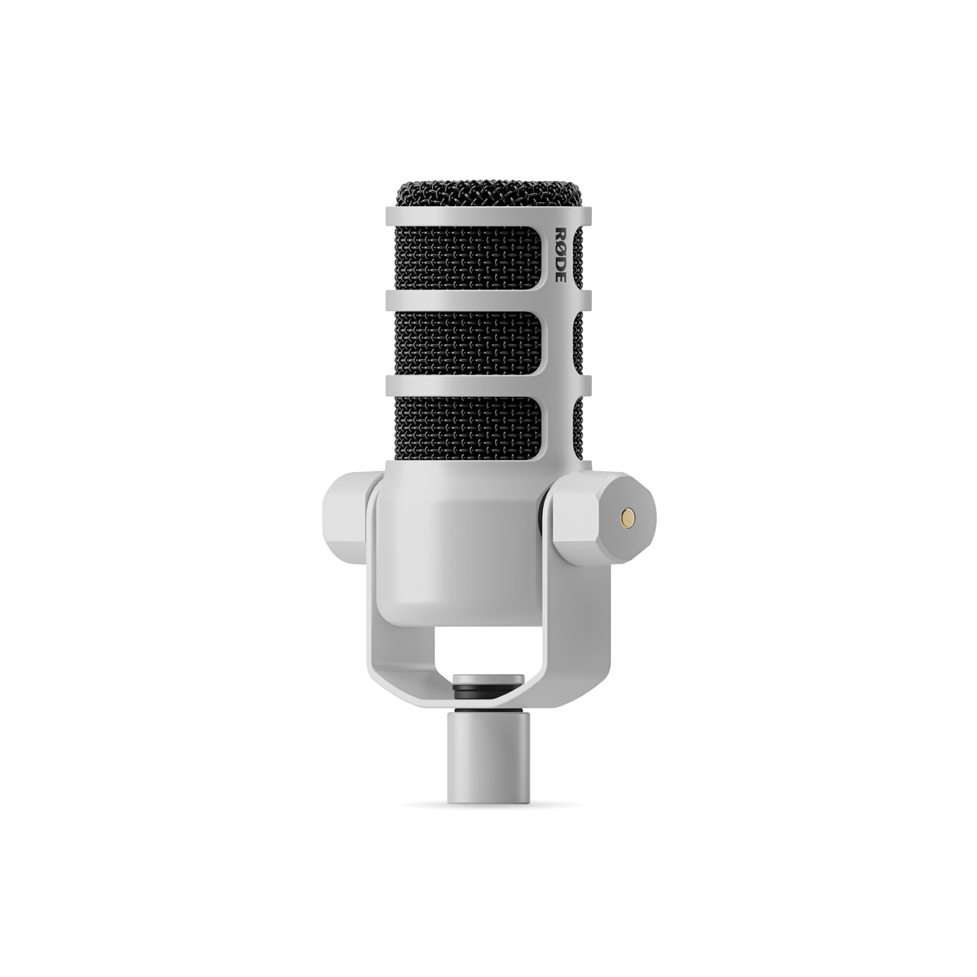 Left side profile of RODE PodMic White showing compact dynamic broadcast mic body