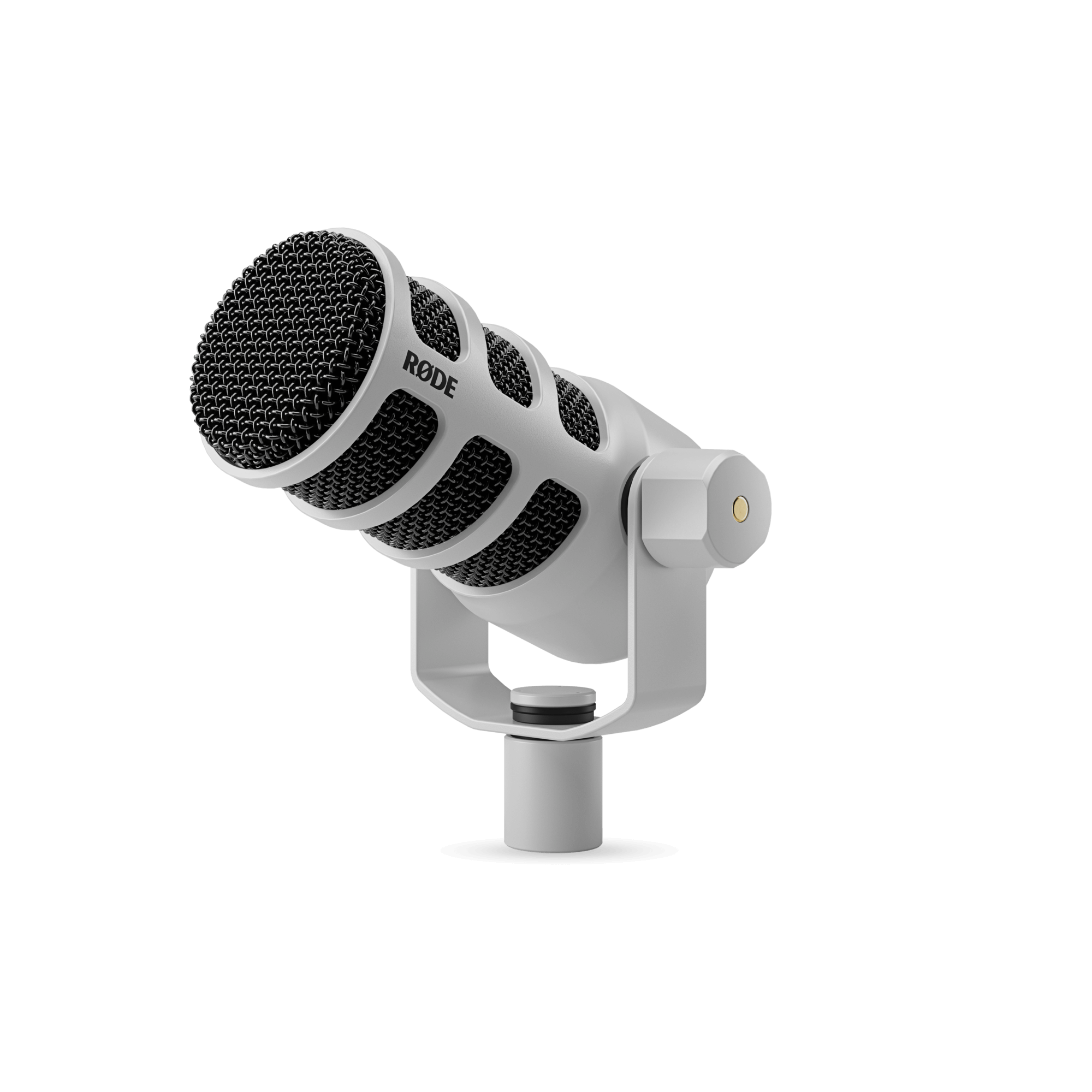 RODE PodMic White dynamic broadcast microphone – front view with clean white finish